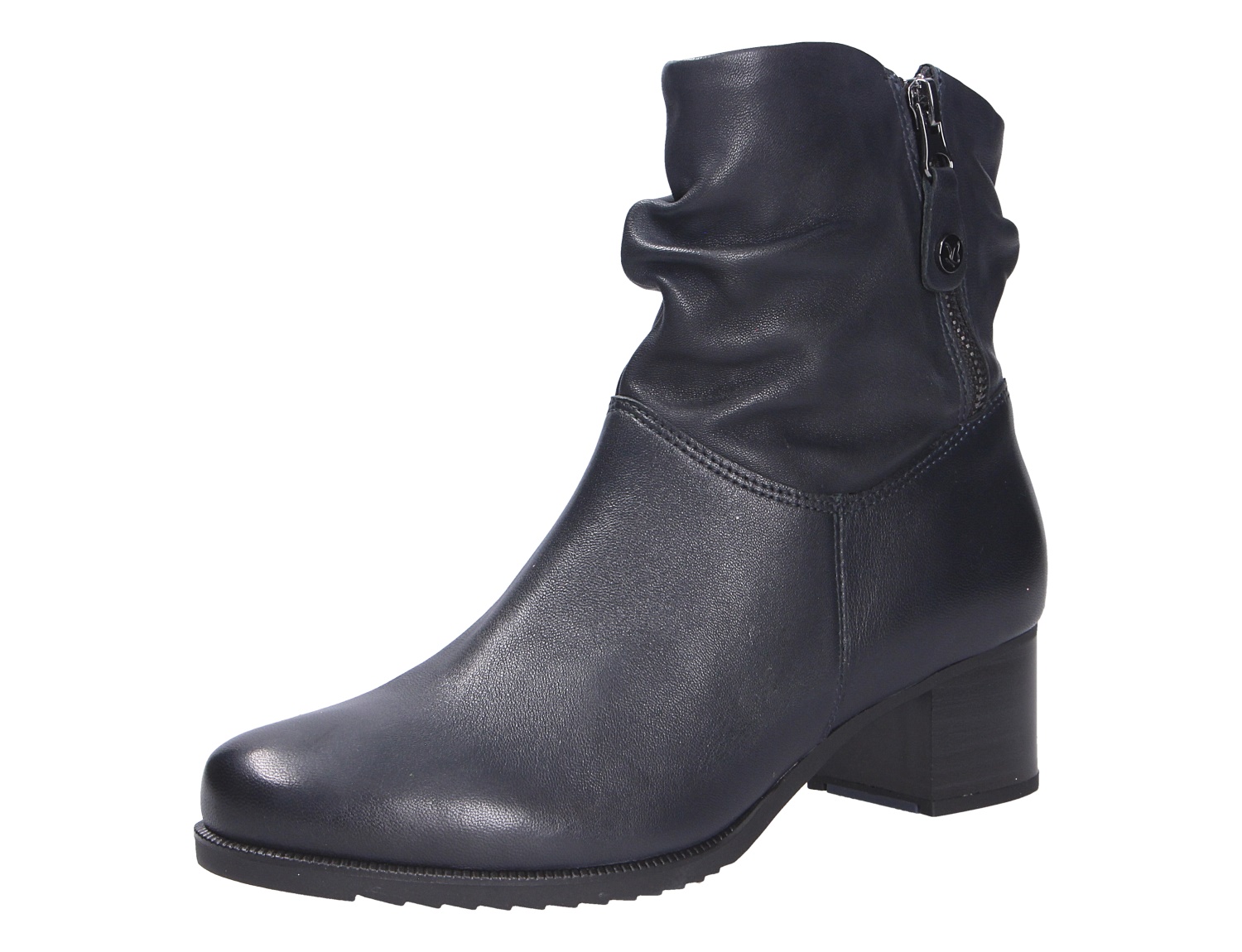 Caprice Damen Stiefel in Dunkelblau, knöchelhoch mit Blockabsatz, seitlichem Reißverschluss und gerafftem Schaft