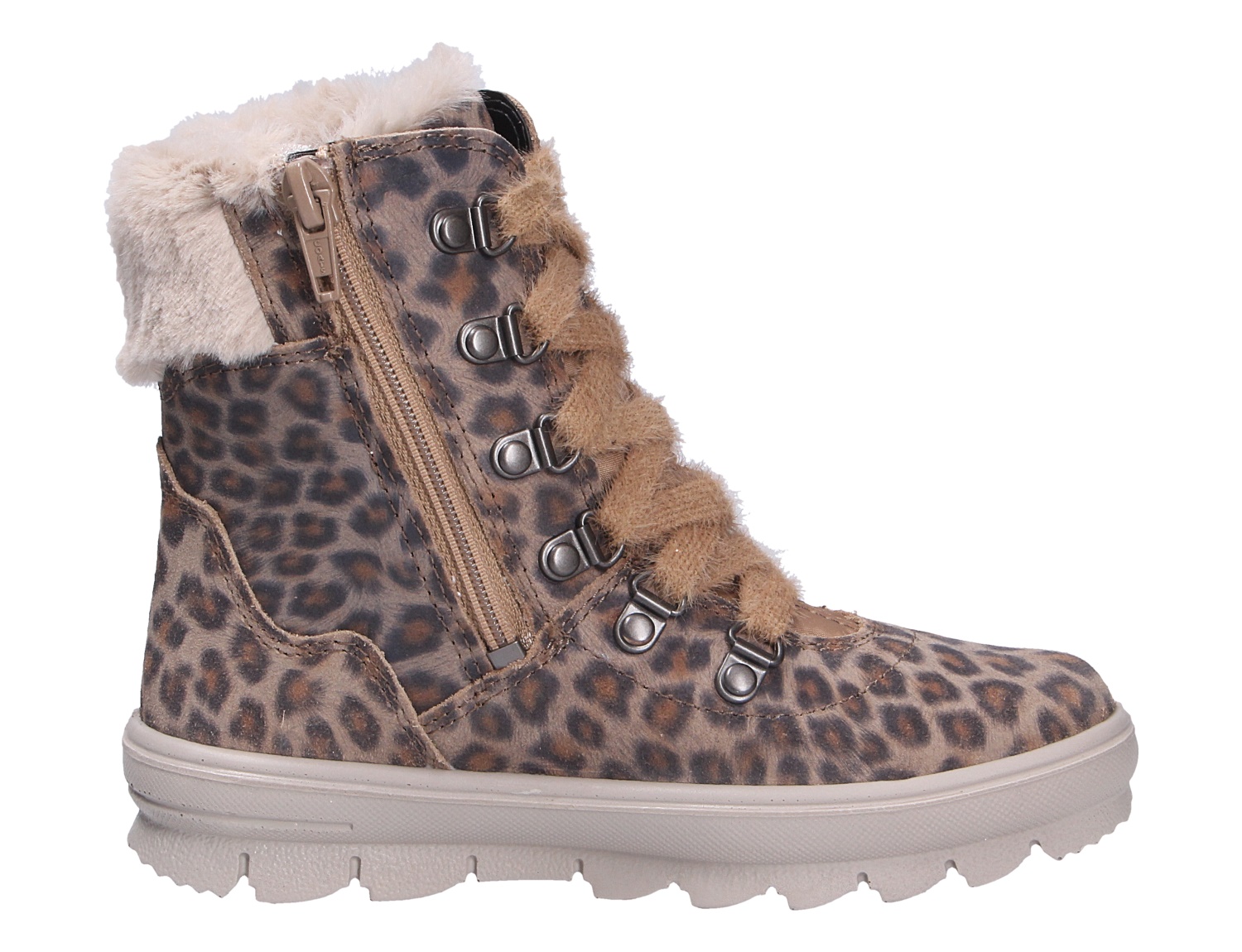 Superfit FLAVIA Winterstiefel für Kinder in Braun mit Leo-Print, seitlichem Reißverschluss, Schnürung und weichem Fellkragen