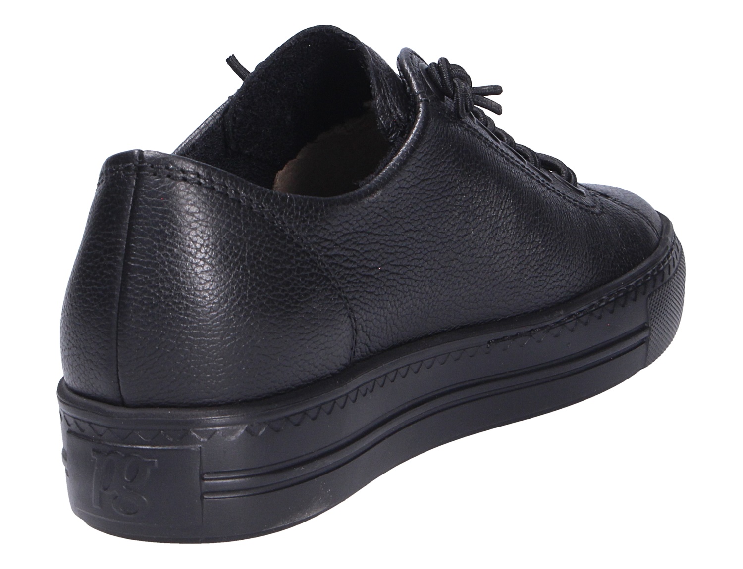 Paul Green Damen Sneaker in Schwarz aus Glattleder, sportlicher Schnürschuh mit schwarzer Sohle in Rück- und Seitenansicht