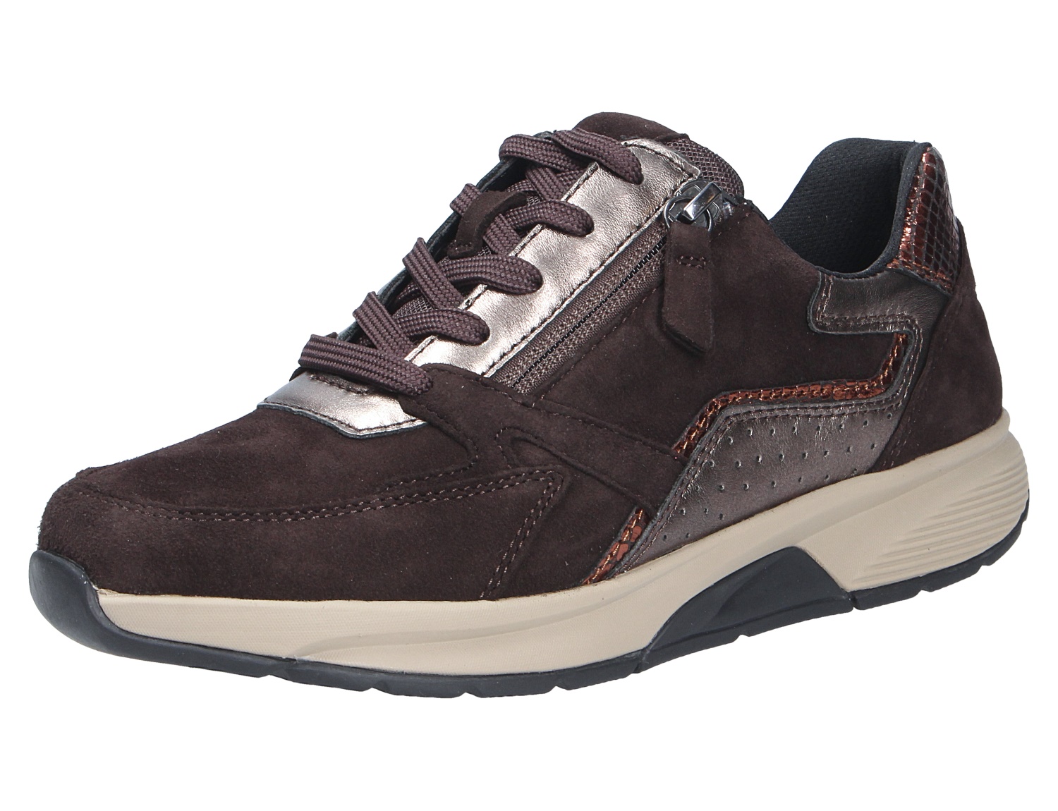 Gabor Rolling Soft Sneaker in Dunkelbraun aus Veloursleder mit Schnürung, seitlichem Reißverschluss und Metallic-Details