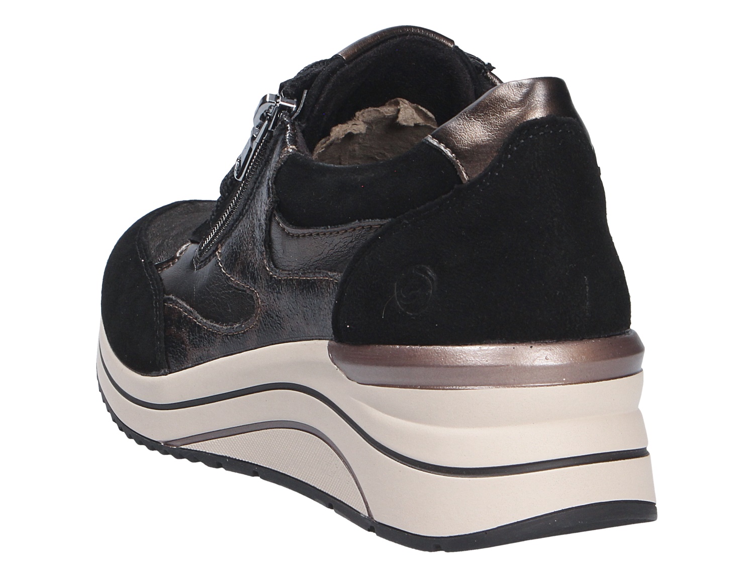 Rückansicht der Remonte Damen Schnürschuhe in Schwarz mit seitlichem Reißverschluss, Keilsohle und warmem Innenfutter