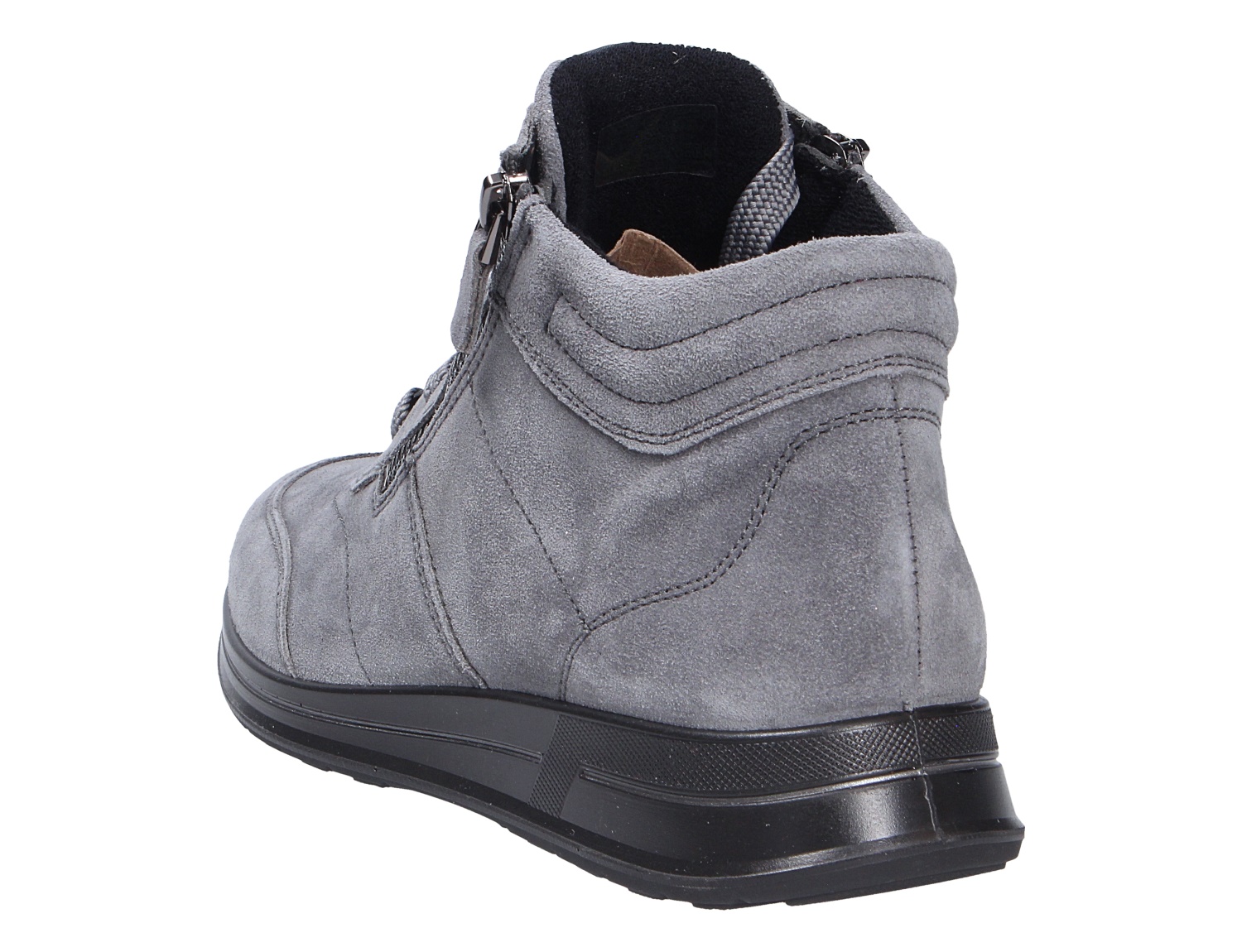 Rückansicht des grauen Ara OSAKA High-Top-Sneakers aus Veloursleder mit seitlichem Reißverschluss und schwarzer Sohle