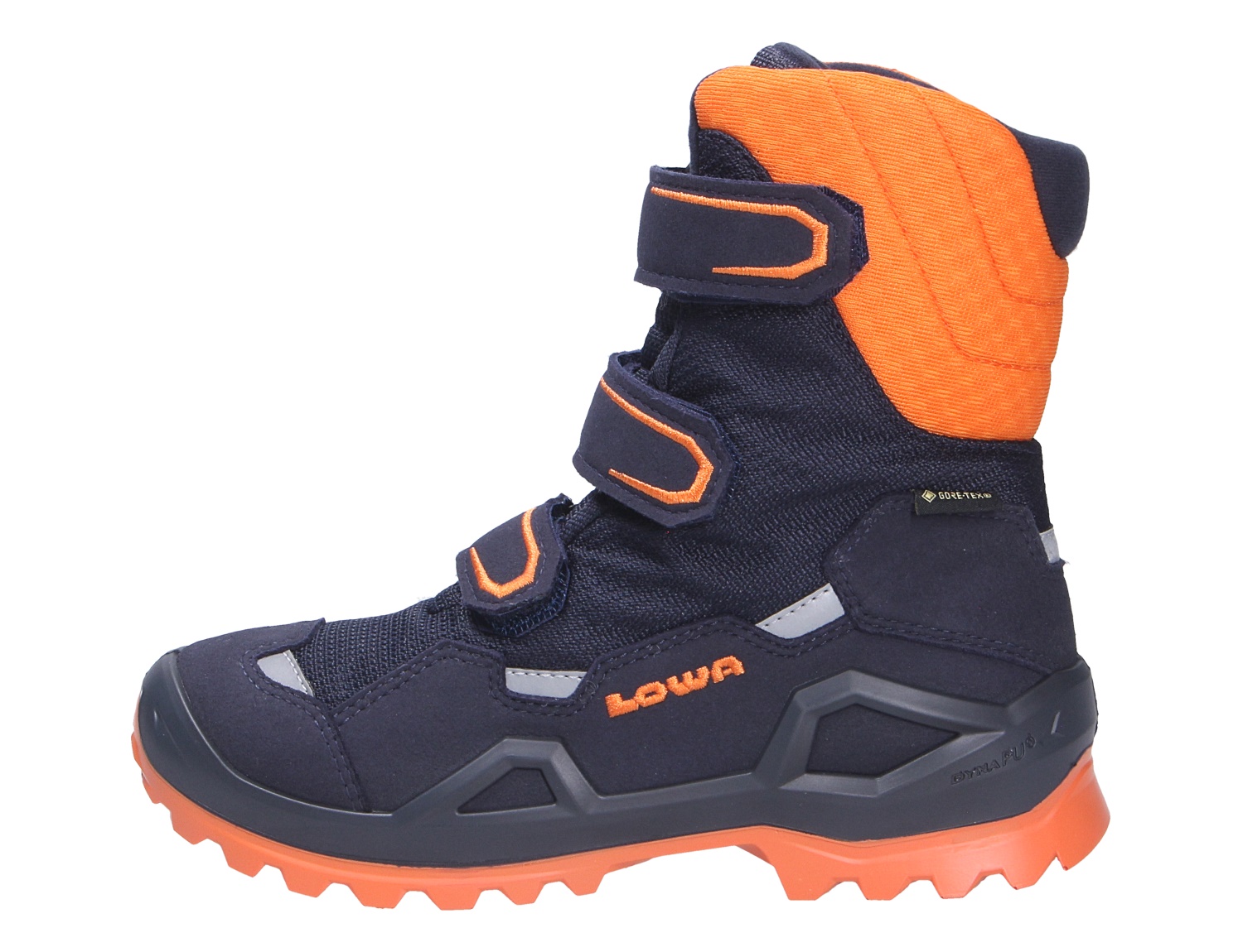 Lowa MILO EVO GTX HI JR Kinder-Winterstiefel in Dunkelblau und Orange, hoher wasserdichter GTX-Schuh mit Klettverschlüssen und griffiger Sohle