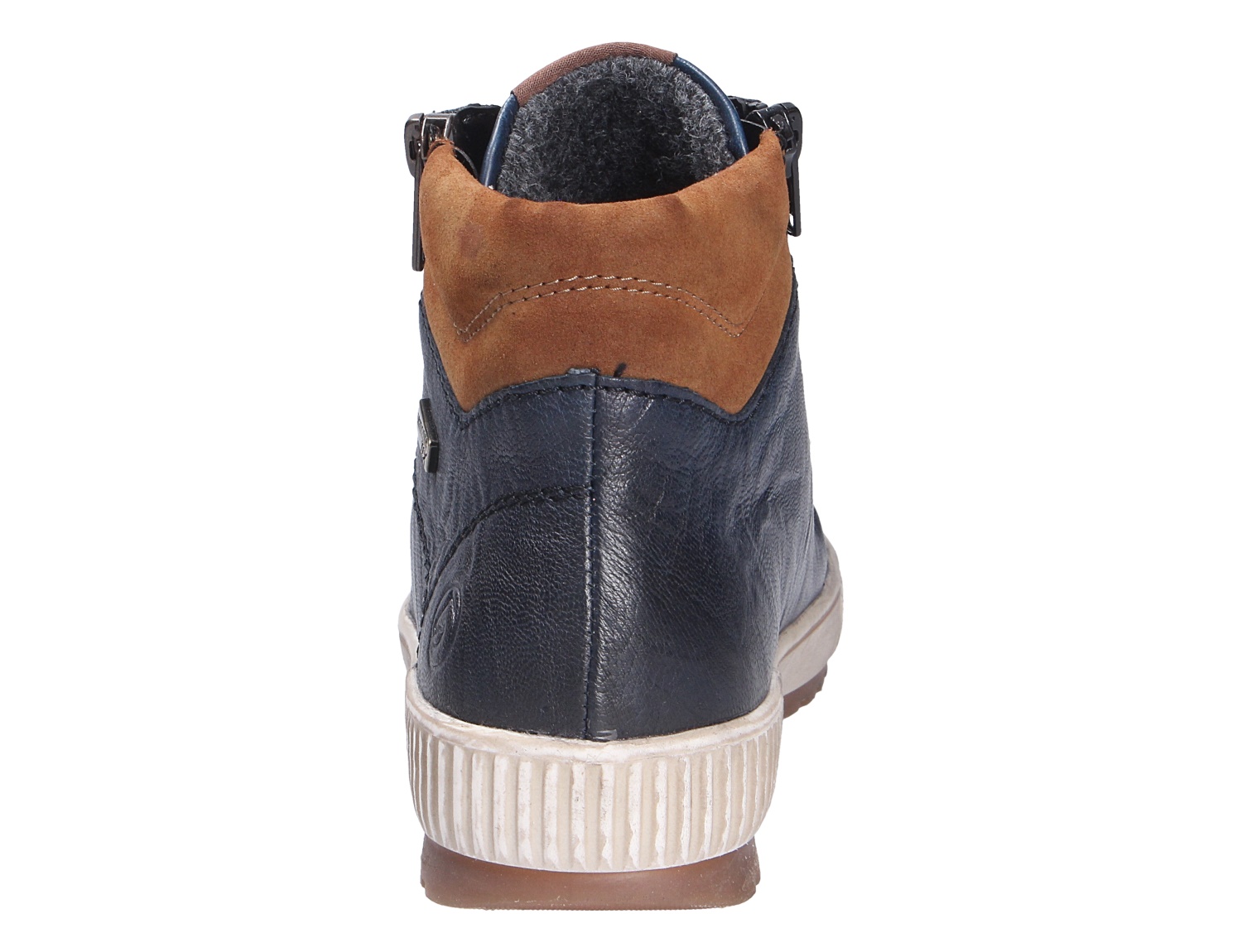 Rückansicht der Remonte Damen Stiefel in Blau und Braun mit Reißverschluss, weichem Schaftabschluss und heller Sohle