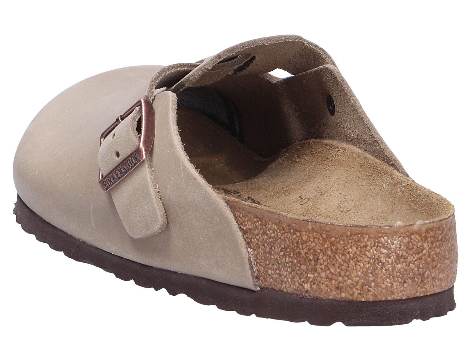 Birkenstock Boston Clog in Taupe, geschlossenes Modell mit verstellbarer Schnalle, Kork-Latex-Fußbett und rutschfester Sohle