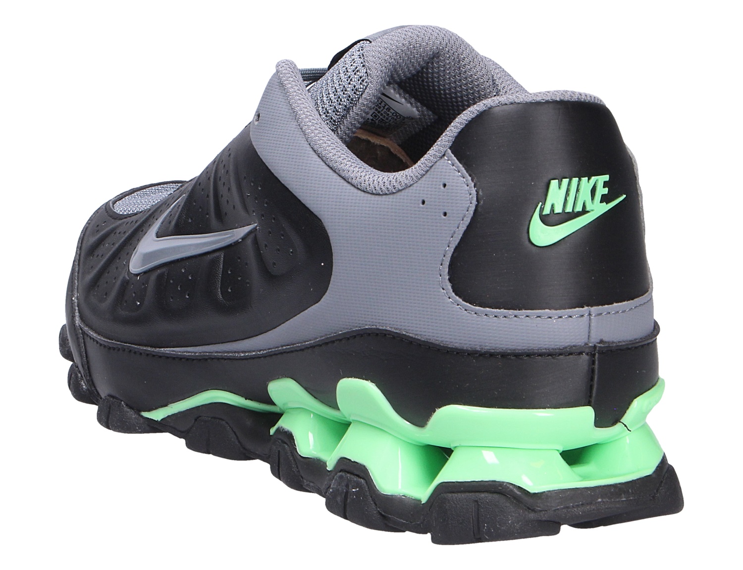 Rückansicht des Nike Reax 8 NSW Sneakers in Schwarz und Grau mit auffälliger neongrüner Reax-Dämpfung und Nike-Logo an der Ferse