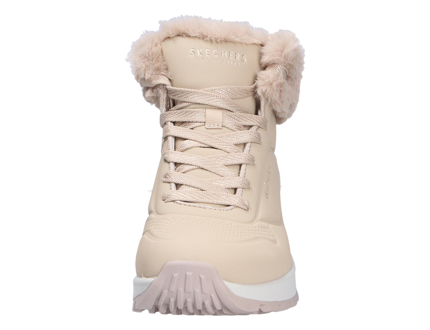 Frontansicht des Skechers Uno Rugged in Beige: robuster Winter-Sneaker mit Schnürung, Profilsohle und weichem Kunstfellbesatz am Schaft
