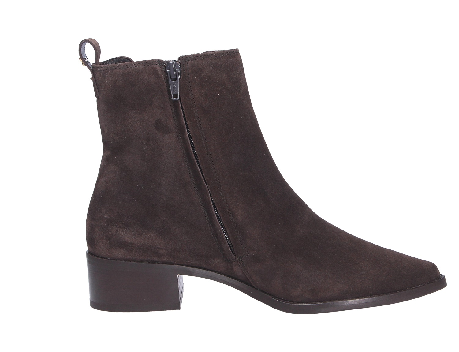 Paul Green Damen Stiefel in Dunkelbraun aus Veloursleder, knöchelhoch mit seitlichem Reißverschluss und stabilem Blockabsatz
