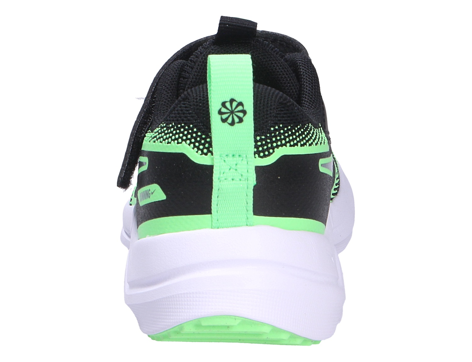 Rückansicht des Nike Cosmic Runner für Kinder: grüner und schwarzer Schlupfschuh mit weißer Sohle, sportlich und bequem für aktive kleine Füße