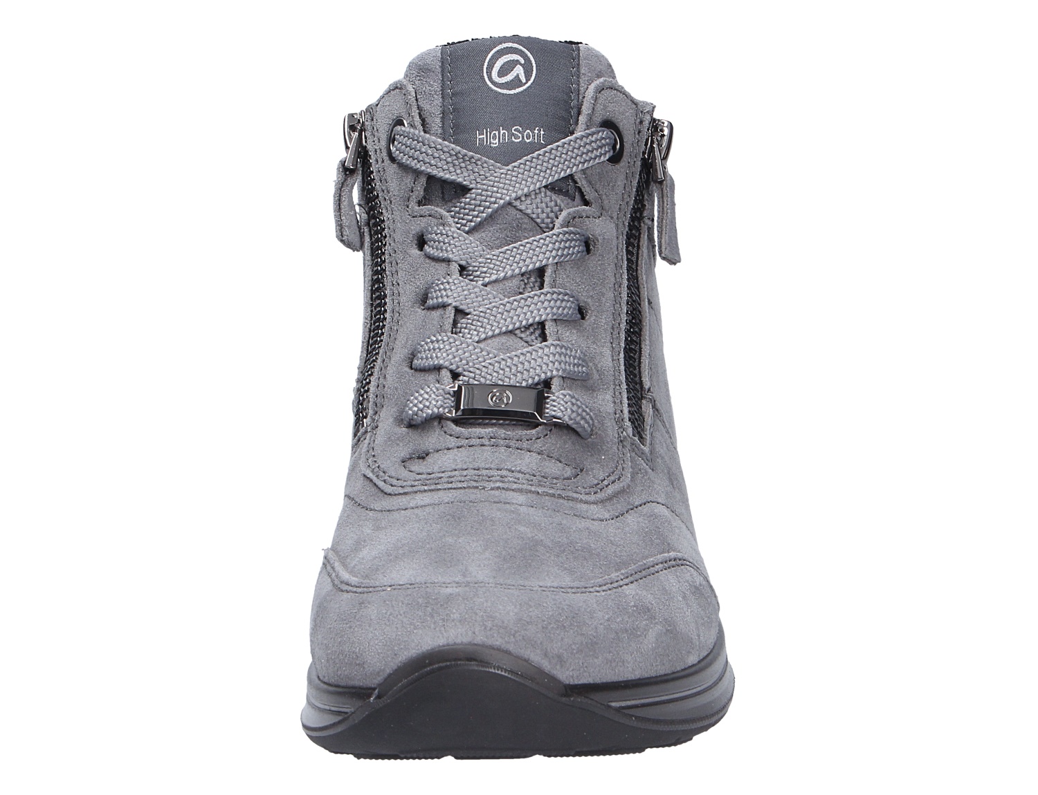 Frontansicht des grauen Ara OSAKA HighSoft Sneakers aus Veloursleder mit Schnürung und seitlichen Reißverschlüssen