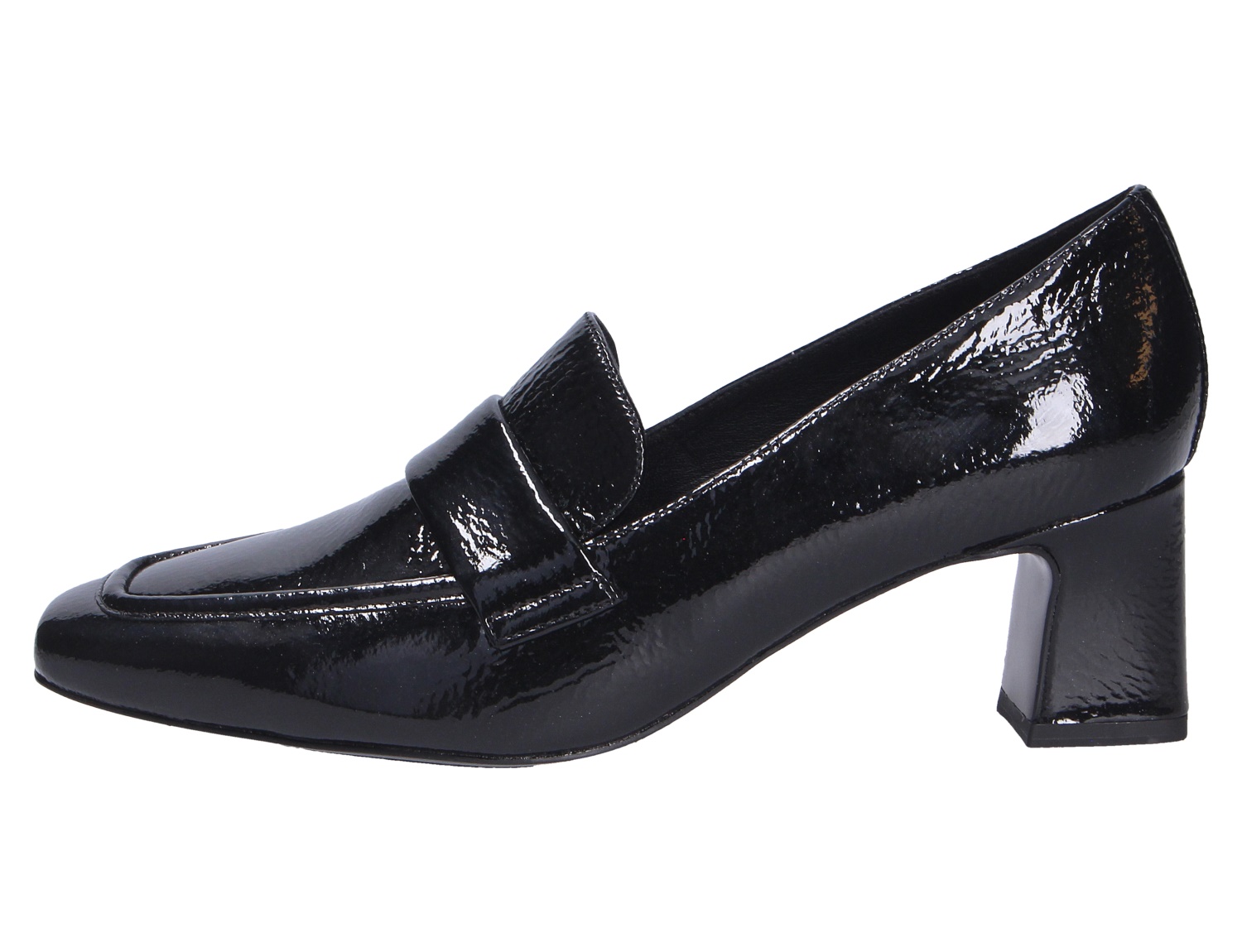 Peter Kaiser Damen Pumps aus schwarzem Lackleder, seitliche Ansicht, elegante Schuhe mit Blockabsatz und Mokassin-Optik