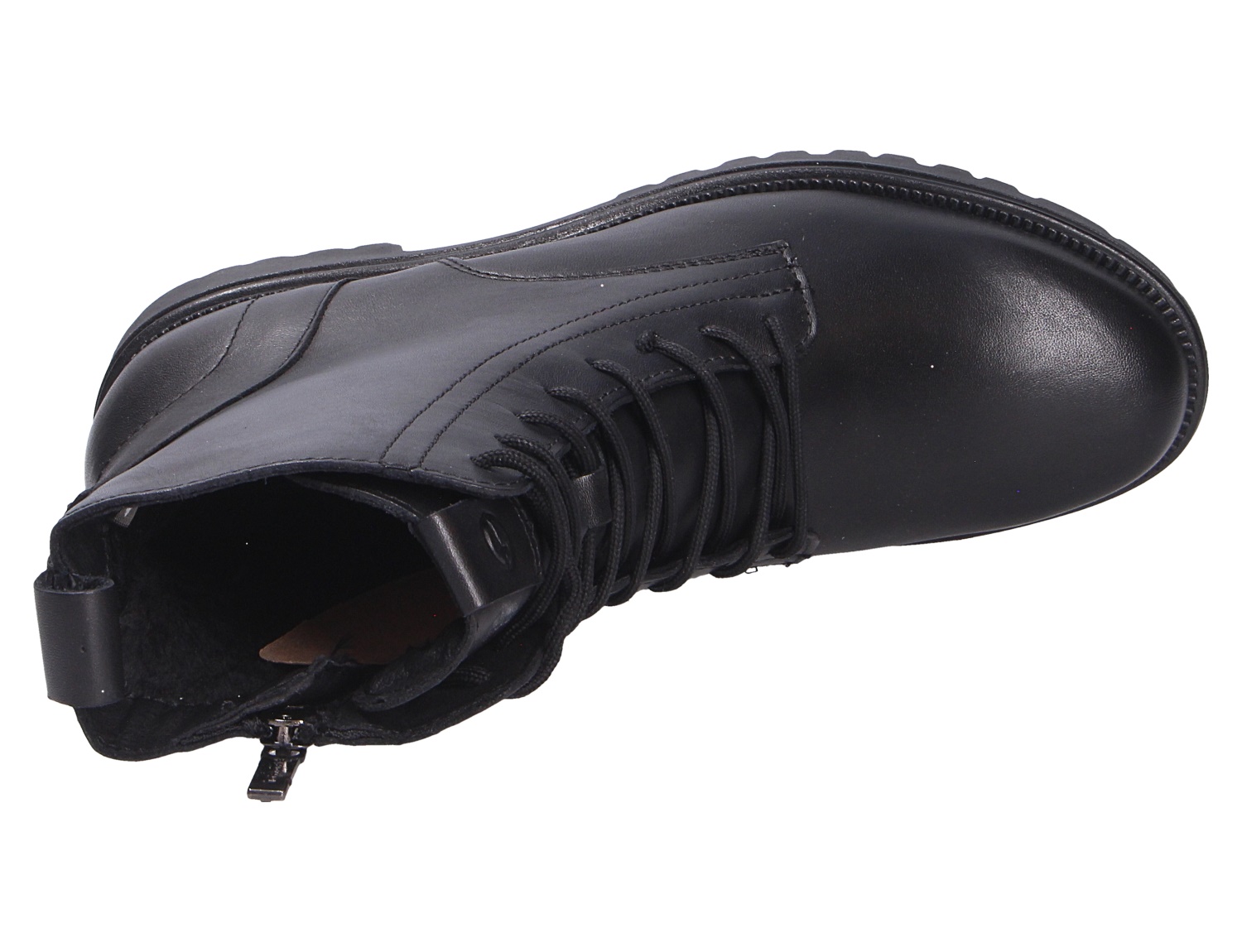 Tamaris Damen Stiefel in Schwarz, seitliche Draufsicht auf einen schlichten Schnürstiefel mit Reißverschluss und profilierter Sohle
