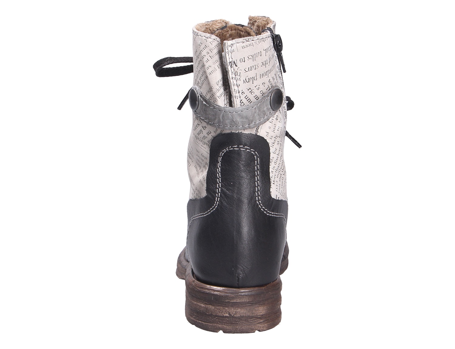 Rückansicht der Charme Etnic 26 Damen-Stiefelette mit schwarzem Leder, hellem Schaft mit Schriftprint, seitlichem Reißverschluss und kuscheligem Innenfutter