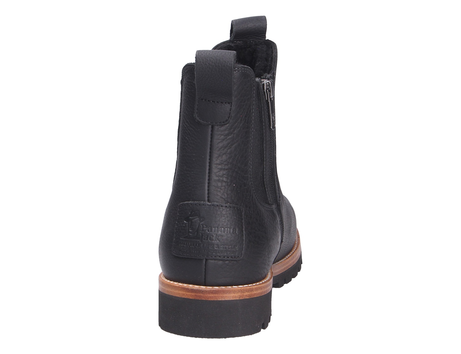 Rückansicht der schwarzen Panama Jack Beny Stiefelette aus Leder mit seitlichem Reißverschluss, Zuglasche und profilierter Sohle