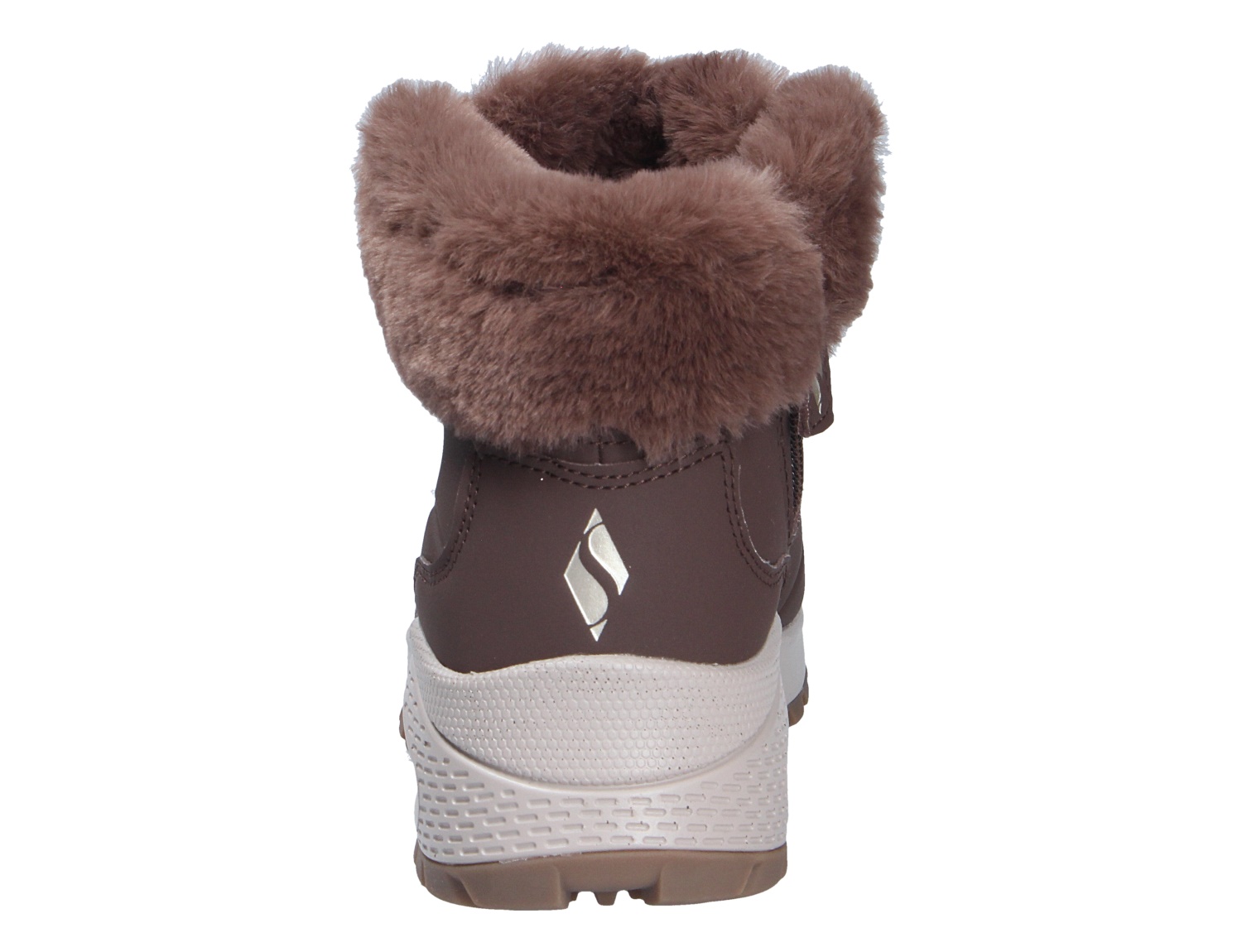Rückansicht der Skechers Uno Rugged Winterstiefelette in Braun mit kuscheligem Kunstfellkragen und profilierter Sohle
