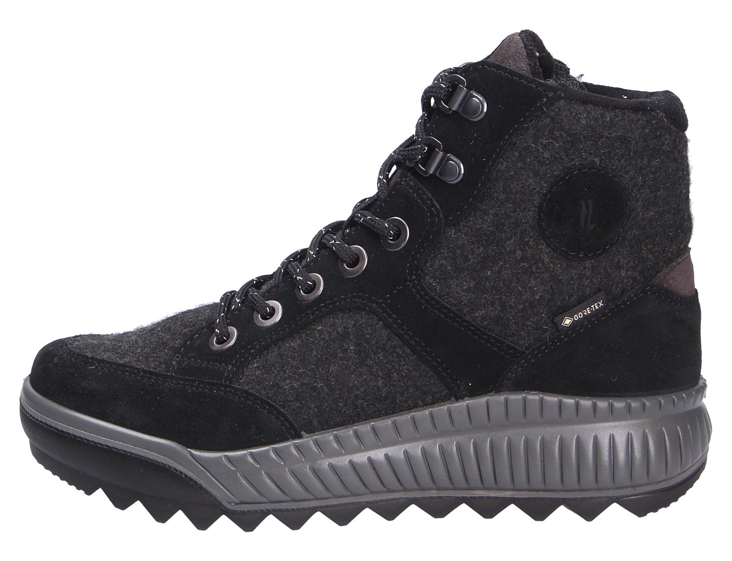 Legero Damen Stiefel in Schwarz und Grau, seitliche Ansicht, knöchelhoch mit Schnürung, Profilsohle und Gore-Tex