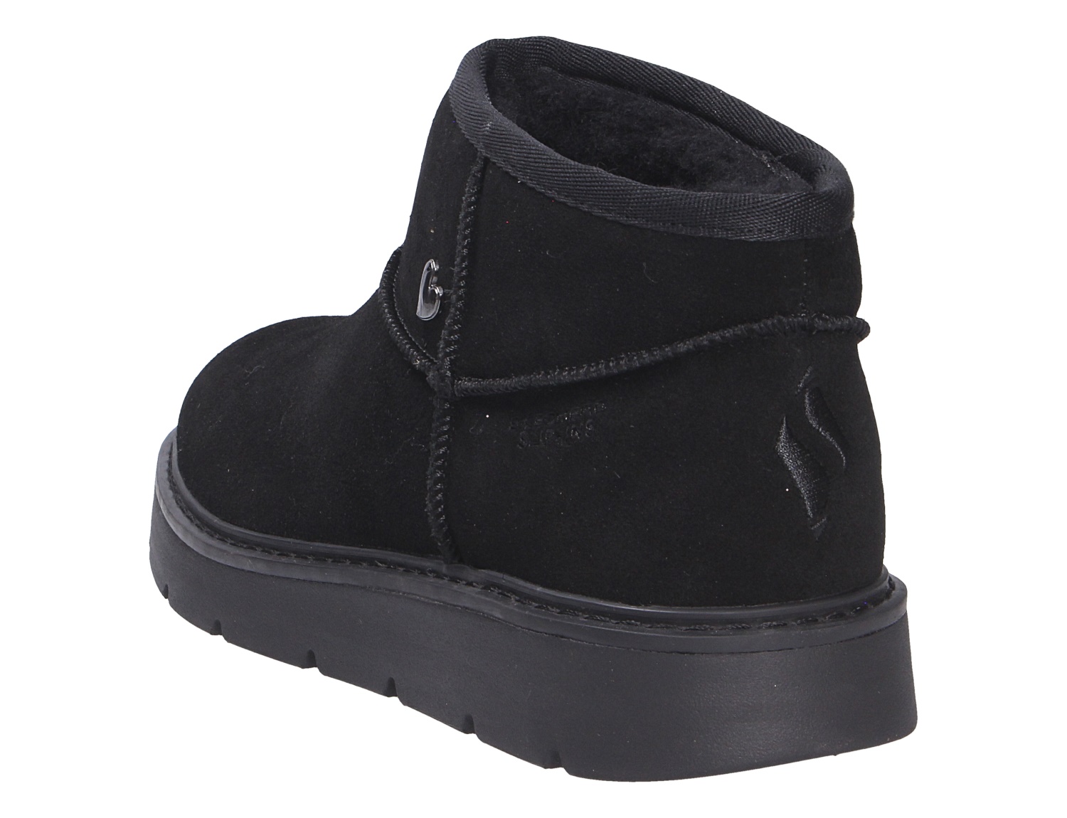 Skechers Keepsakes Cozy in Schwarz, kuschelig gefütterter Damen-Boot aus Veloursleder-Optik mit robuster Sohle, gezeigt in seitlicher Rückansicht