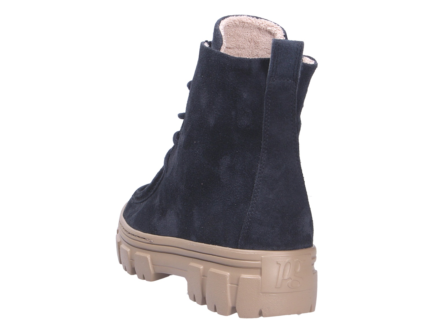 Rückansicht der Paul Green Damen Schnürschuhe aus dunklem Veloursleder mit heller Fütterung und markanter Profilsohle