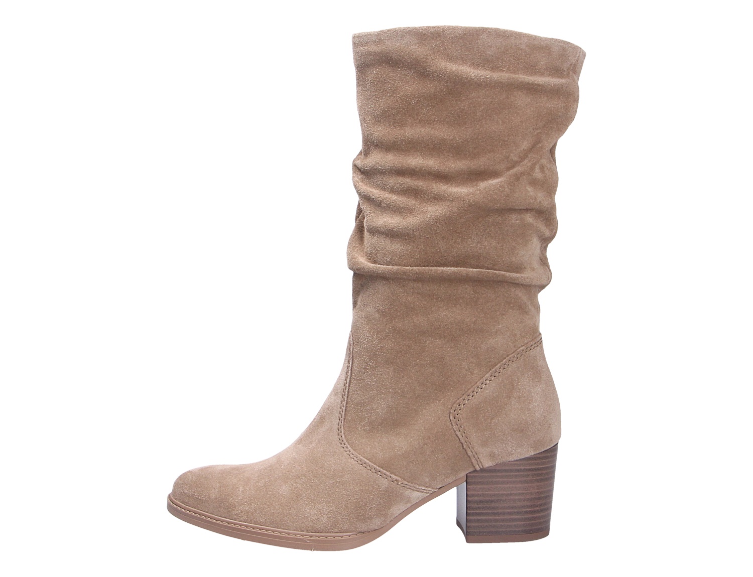 Gabor Damen Stiefel in Taupe aus Veloursleder, seitliche Ansicht, mit gerafftem Schaft und Blockabsatz