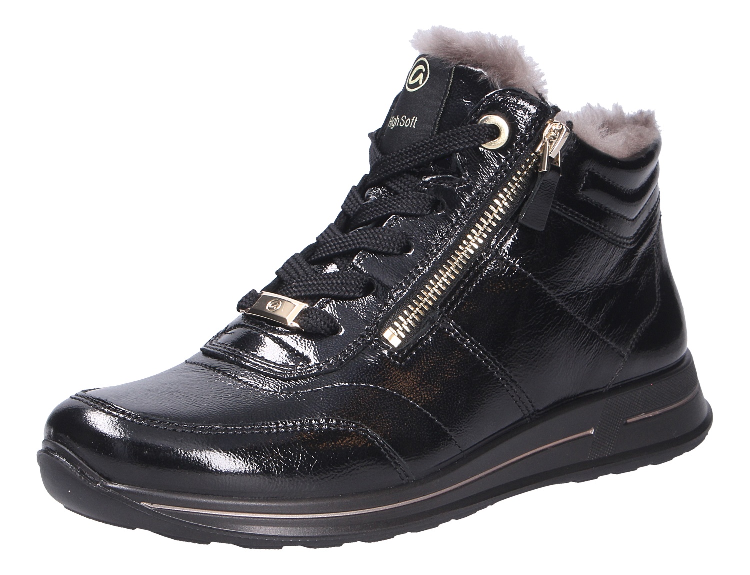 Ara OSAKA Damen-Sneaker-Boot in Schwarz aus Lackleder-Optik mit Schnürung, seitlichem Reißverschluss und weichem Warmfutter