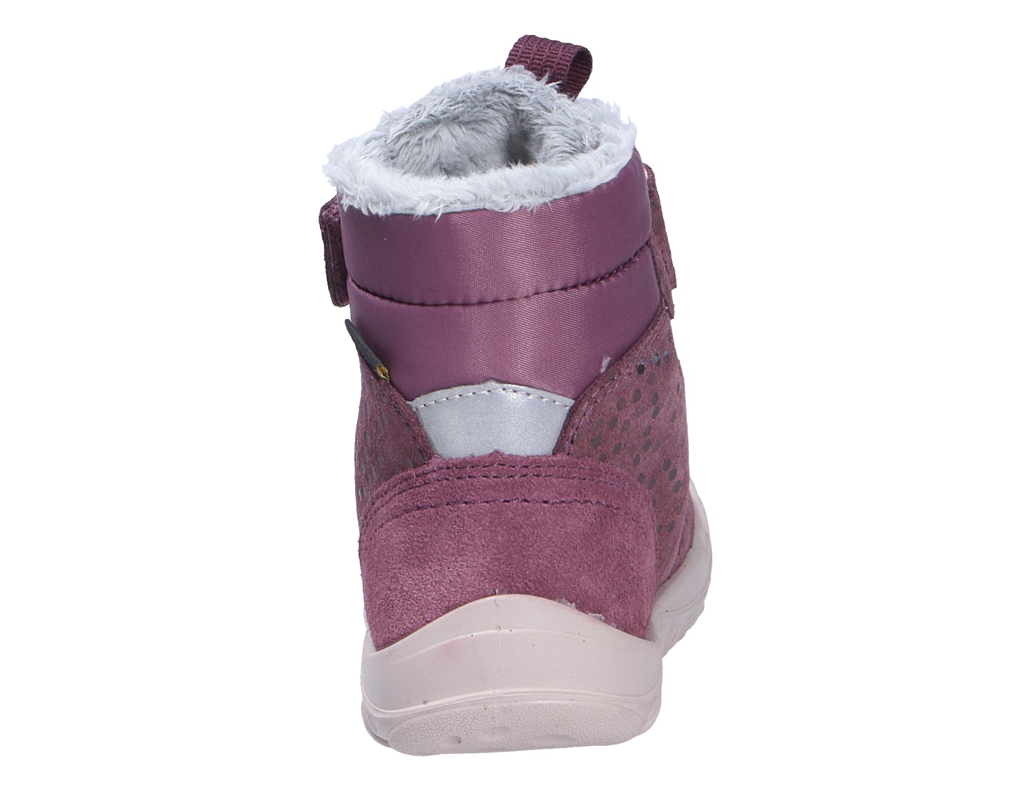 Rückansicht des Superfit WALDERI Winterstiefels in Lila mit weichem Innenfutter, reflektierendem Detail und robuster Sohle