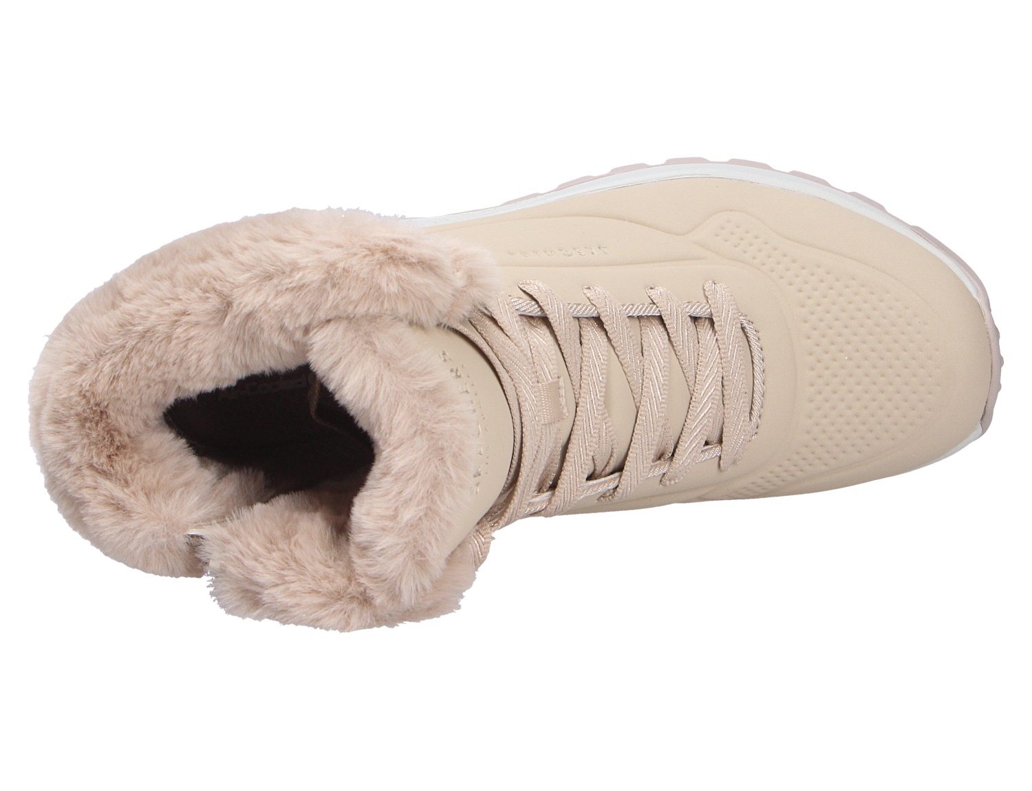 Draufsicht auf den beigen Skechers Uno Rugged Sneaker mit Schnürung und weichem Kunstfellkragen