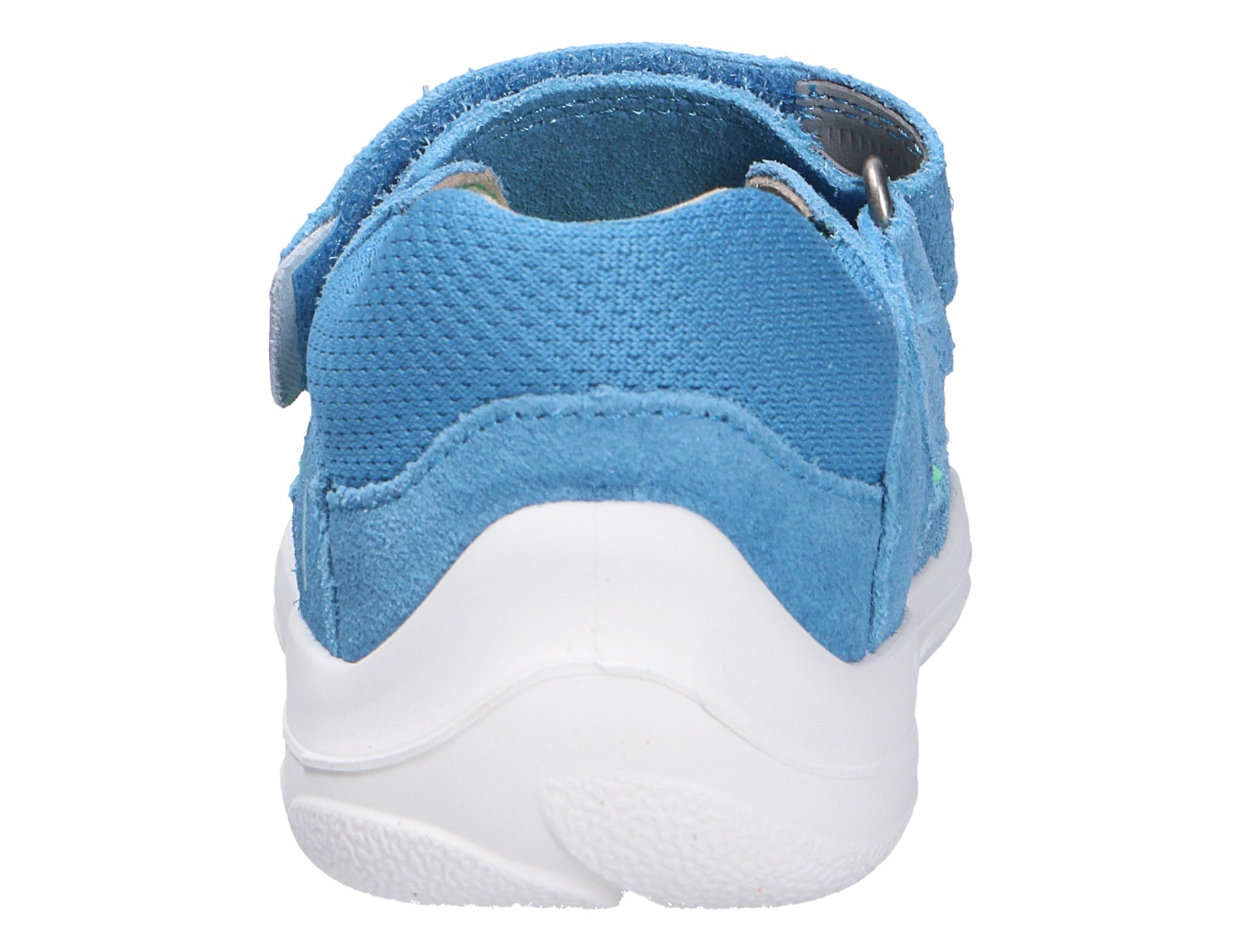 Rückansicht des blauen Superfit NINO Kinderschuhs mit Klettverschluss, textilem Schaft und weißer Laufsohle