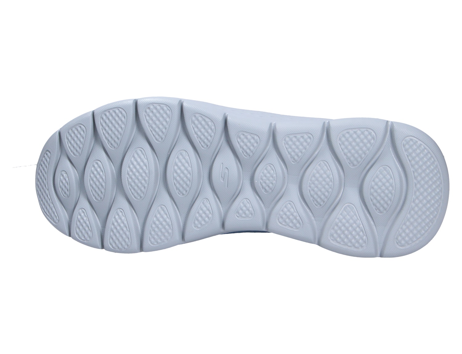 Unteransicht der hellblauen Profilsohle eines Skechers Herren Sneakers mit strukturierter Laufsohle und flexiblem Dämpfungsdesign