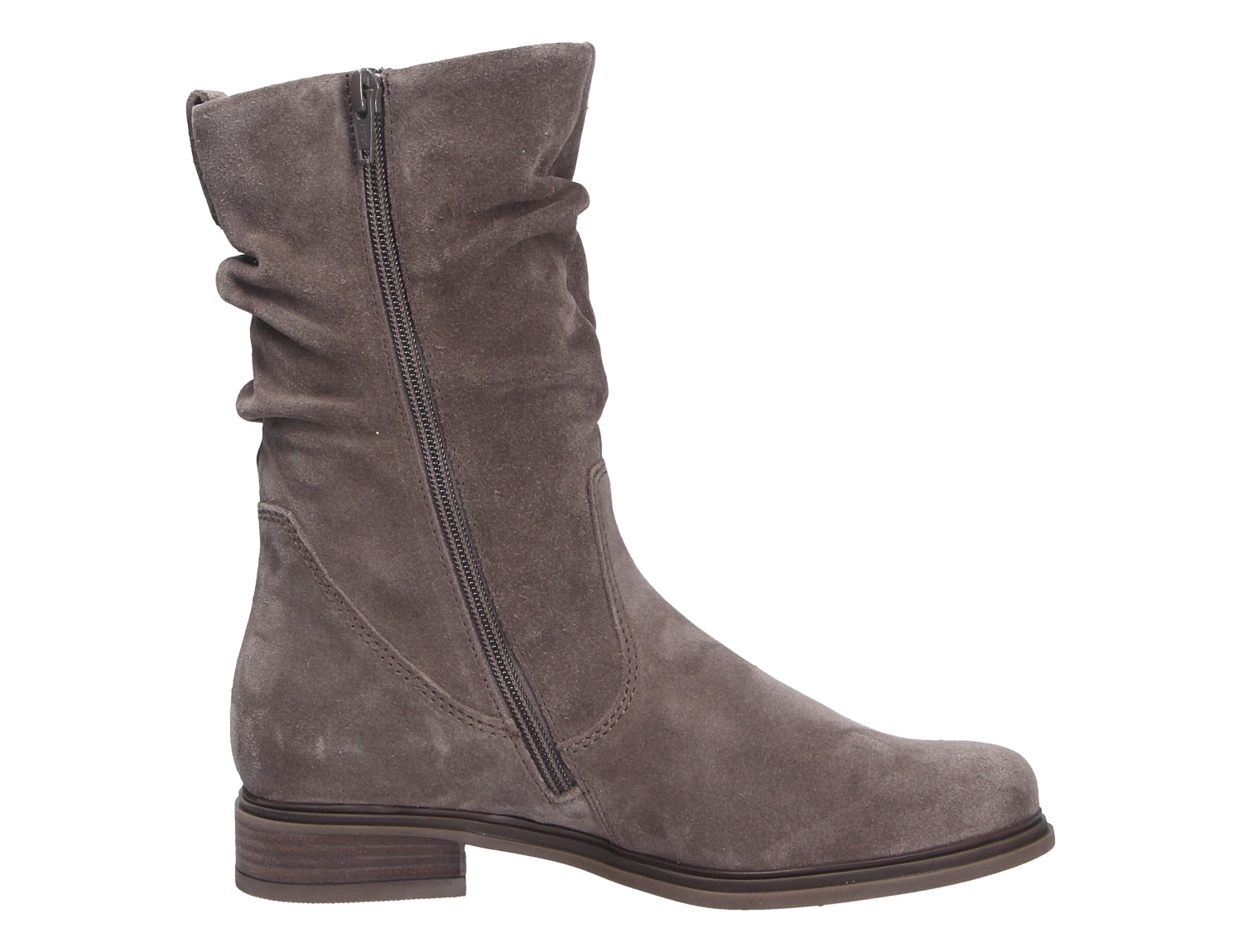 Gabor Damen Stiefel in Taupe aus Veloursleder, halbhoher Schaft mit Faltenoptik, seitlichem Reißverschluss und flachem Absatz