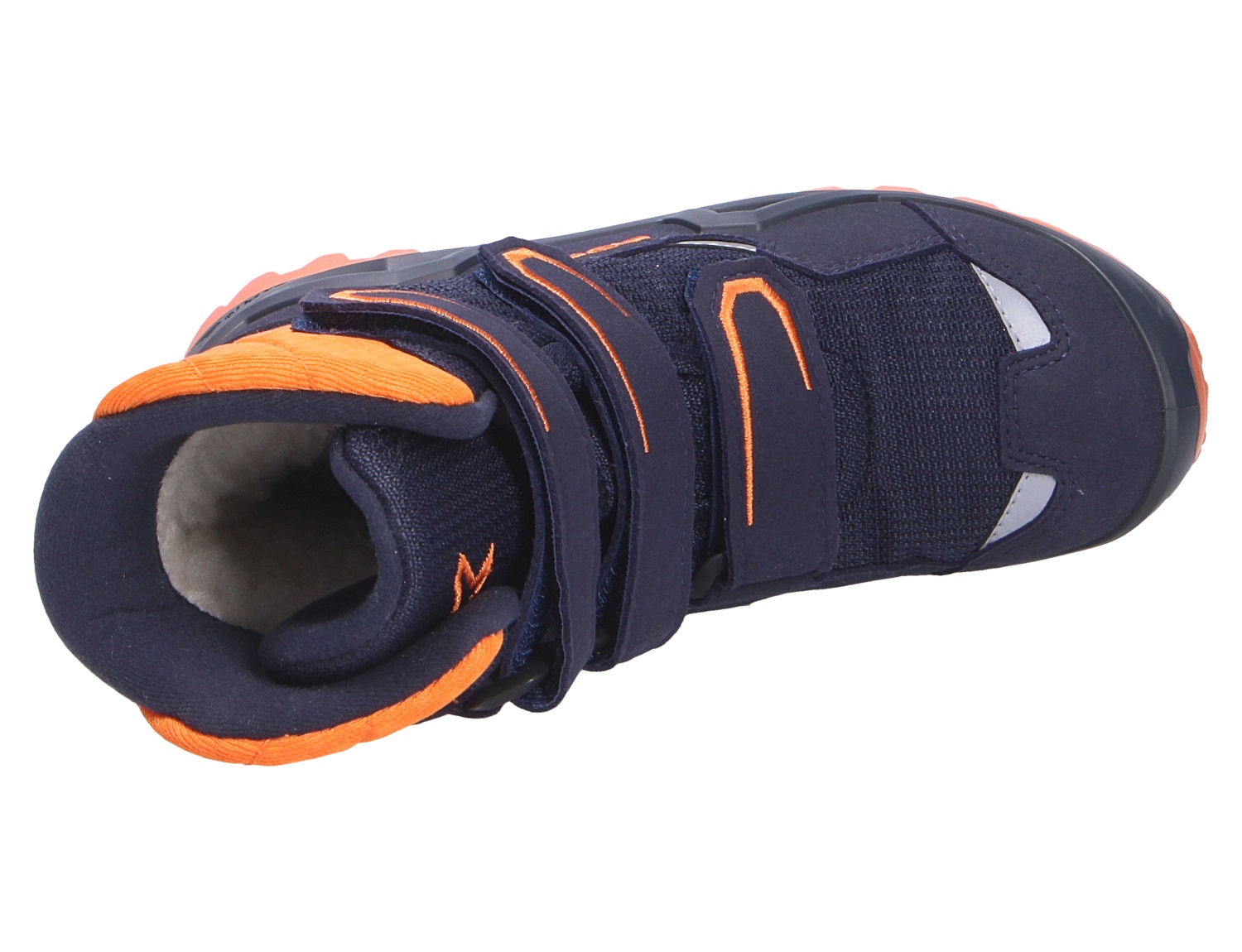 Lowa MILO EVO GTX HI JR Kinder-Winterstiefel in Dunkelblau und Orange mit Klettverschluss, hoher Schaftform und warmem Innenfutter, Draufsicht