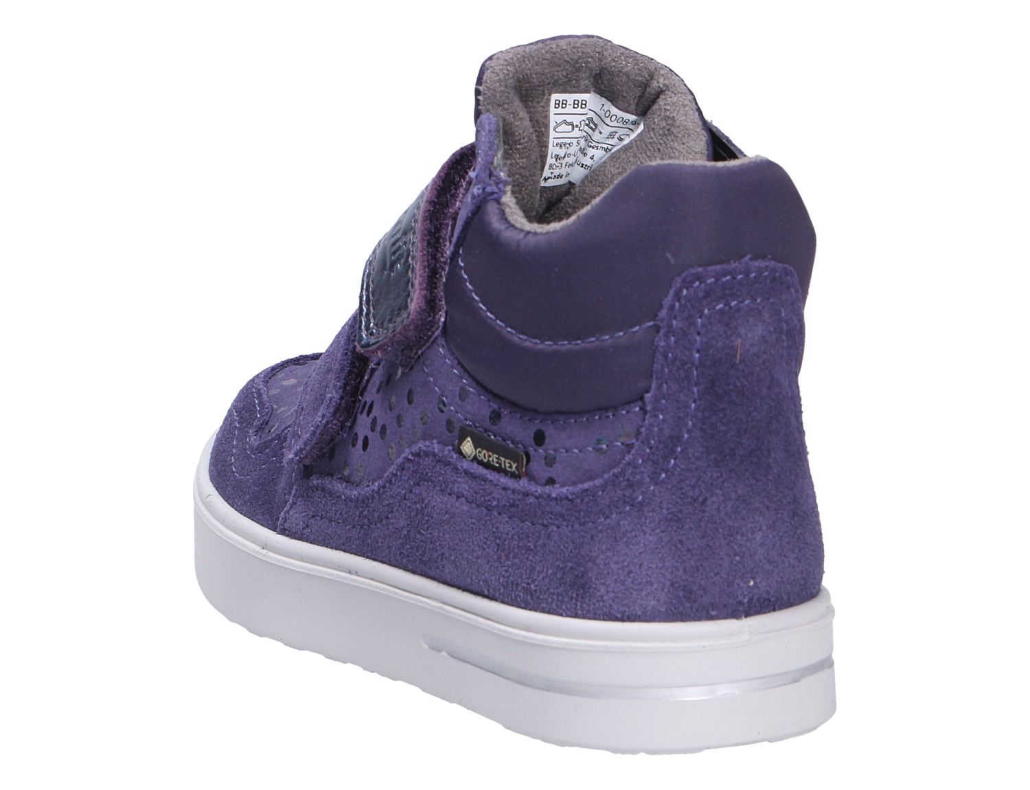 Rückansicht des lila Superfit Stella Kinder-Sneakers aus Veloursleder mit Klettverschluss, gepolstertem Schaft, GORE-TEX und weißer Sohle