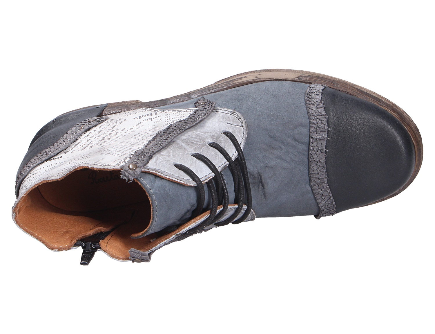 Charme ETNIC Damen-Stiefelette in Blau-Grau, seitlich mit Schnürung, Reißverschluss, schwarzer Kappe und dekorativem Print-Einsatz