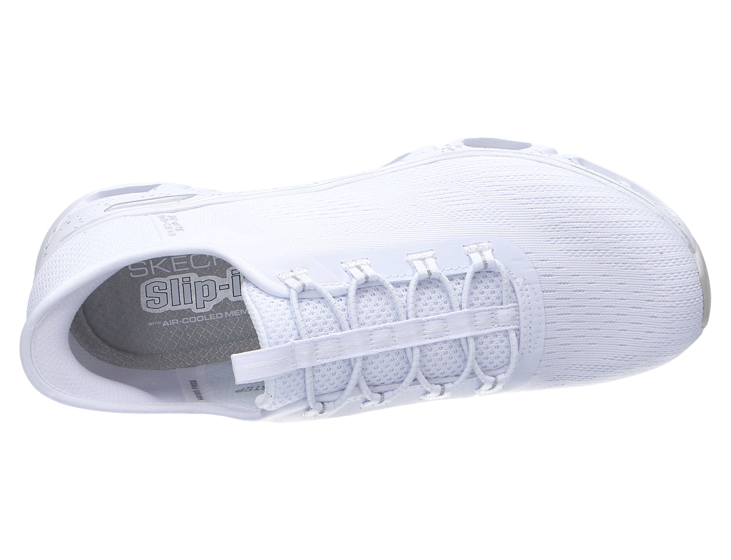 Draufsicht auf den weißen Skechers Glide Step Sneaker mit atmungsaktivem Mesh-Obermaterial und Slip-in-Komfort