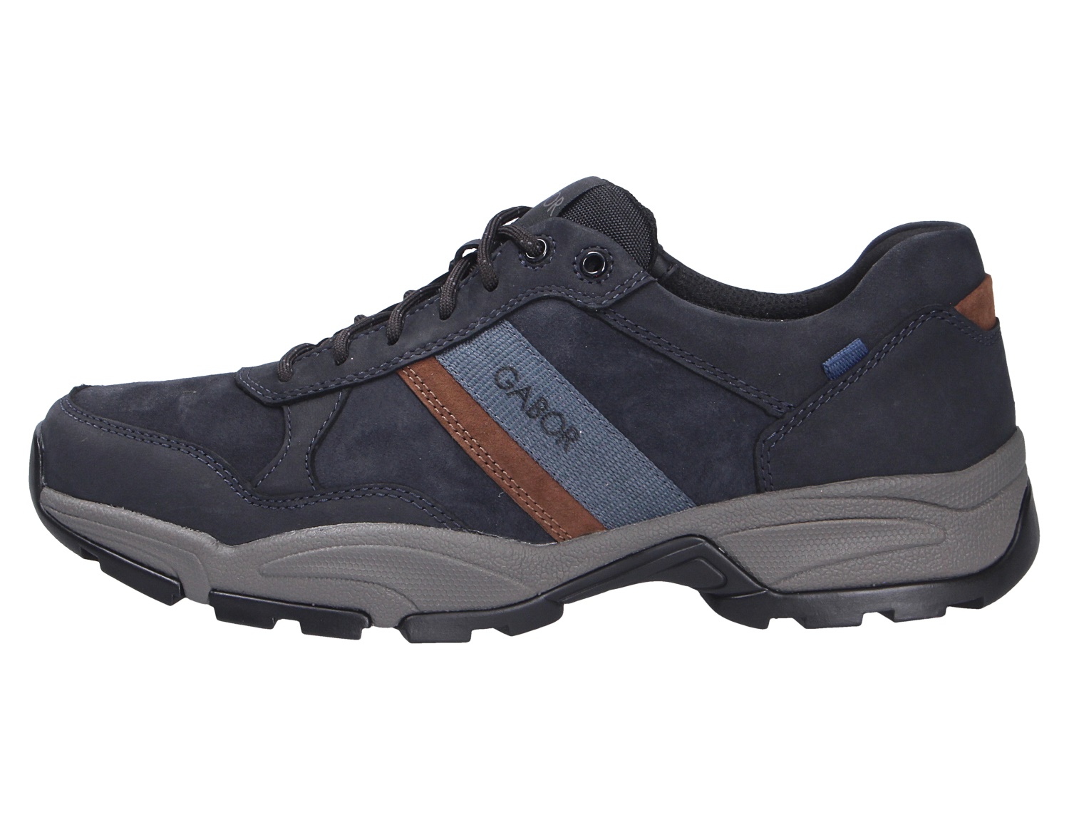 Seitliche Ansicht der Pius Gabor Herren Schnürschuhe in Dunkelblau mit braunem Akzent, robuster Profilsohle und sportlichem Design