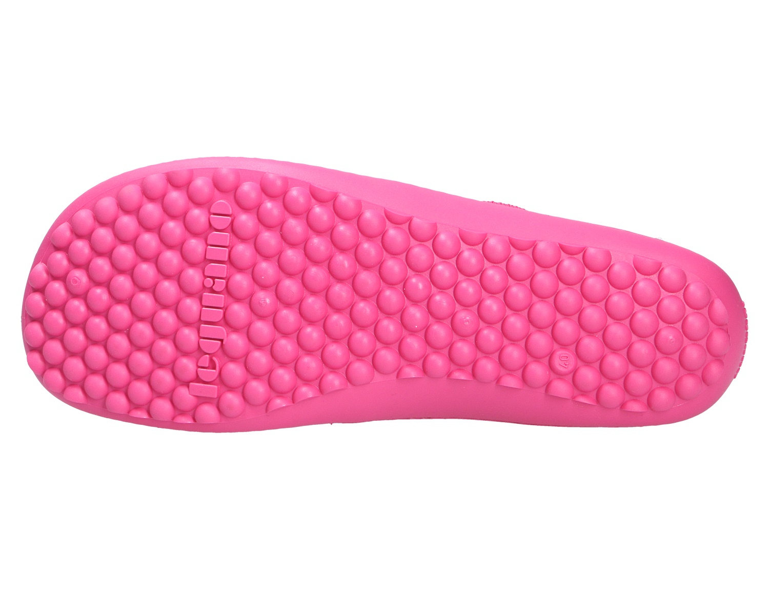 Unterseite des Leguano Flair Barfußschuhs mit pinker, flexibler Noppensohle in Nahaufnahme