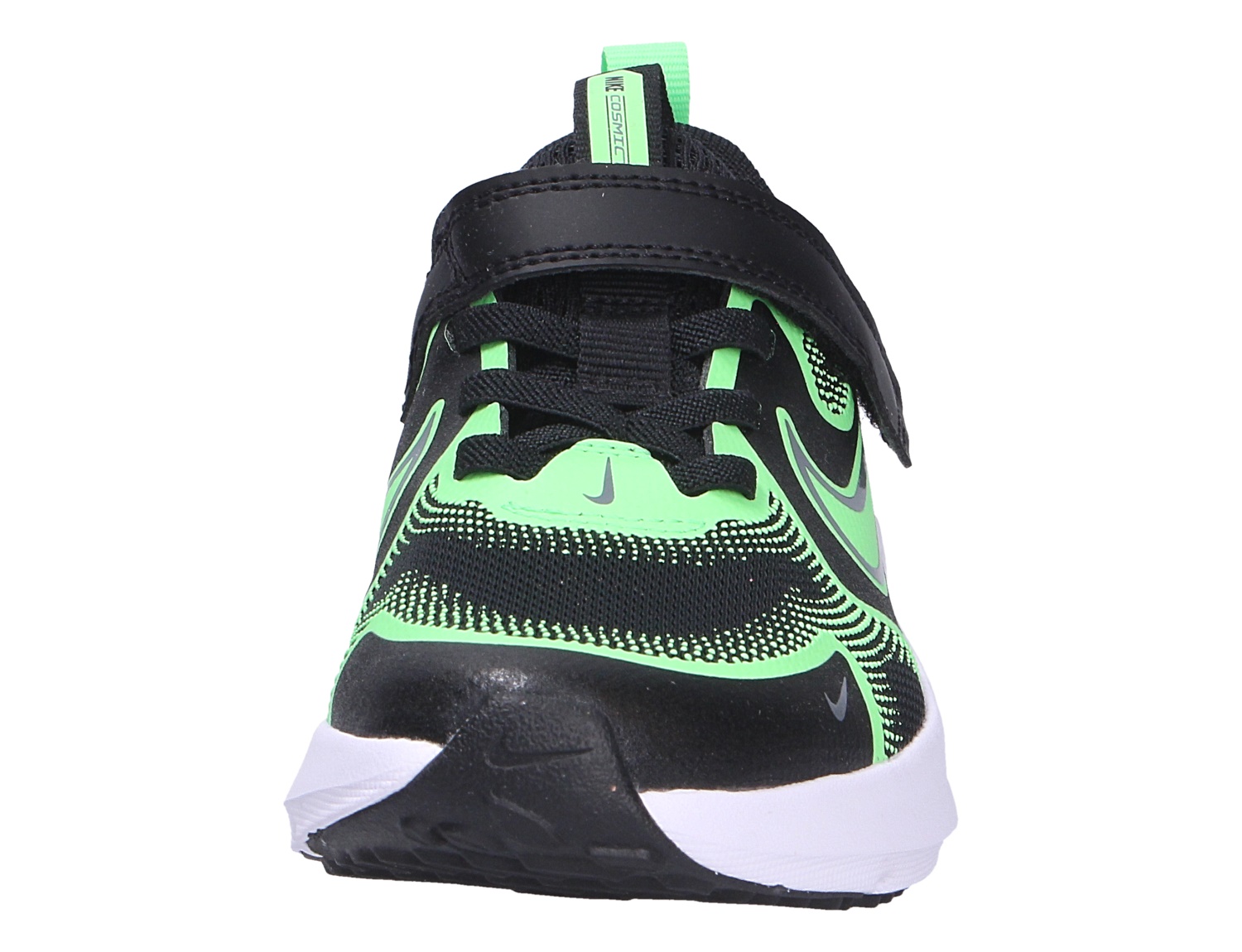 Frontansicht des Nike Cosmic Runner für Kinder in Grün und Schwarz, leichter Schlupfschuh mit Klettverschluss und sportlicher Sohle