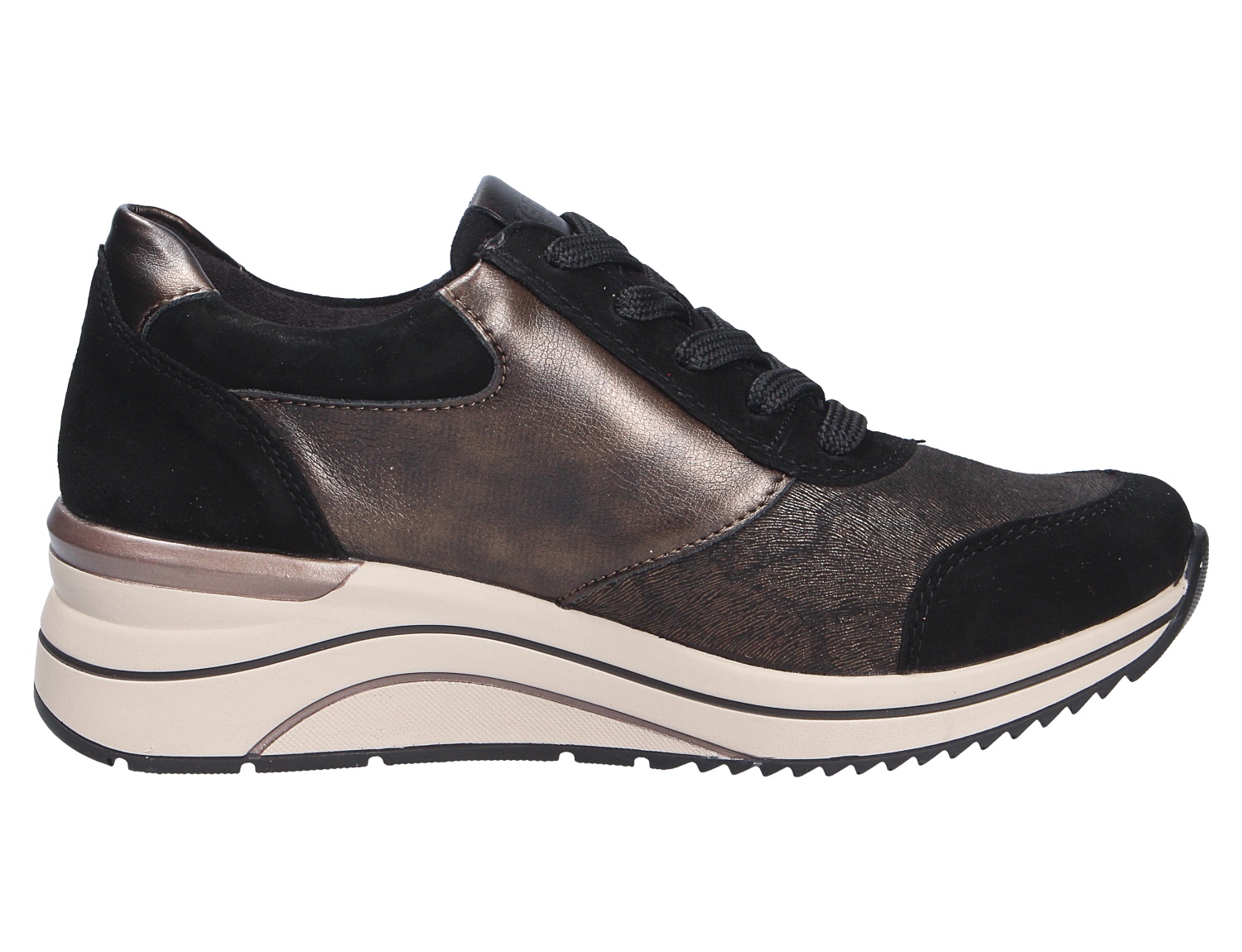 Remonte Damen Schnürschuhe in Schwarz-Bronze, seitliche Ansicht, sportlich-eleganter Sneaker mit Schnürung und heller Plateau-Sohle