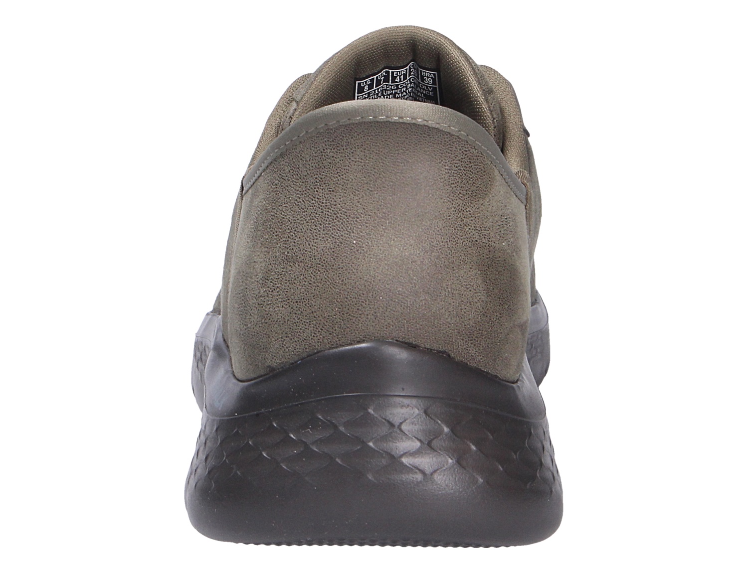 Rückansicht des Skechers Go Walk Flex Sneakers in Taupe mit gepolstertem Schaft und strukturierter schwarzer Laufsohle