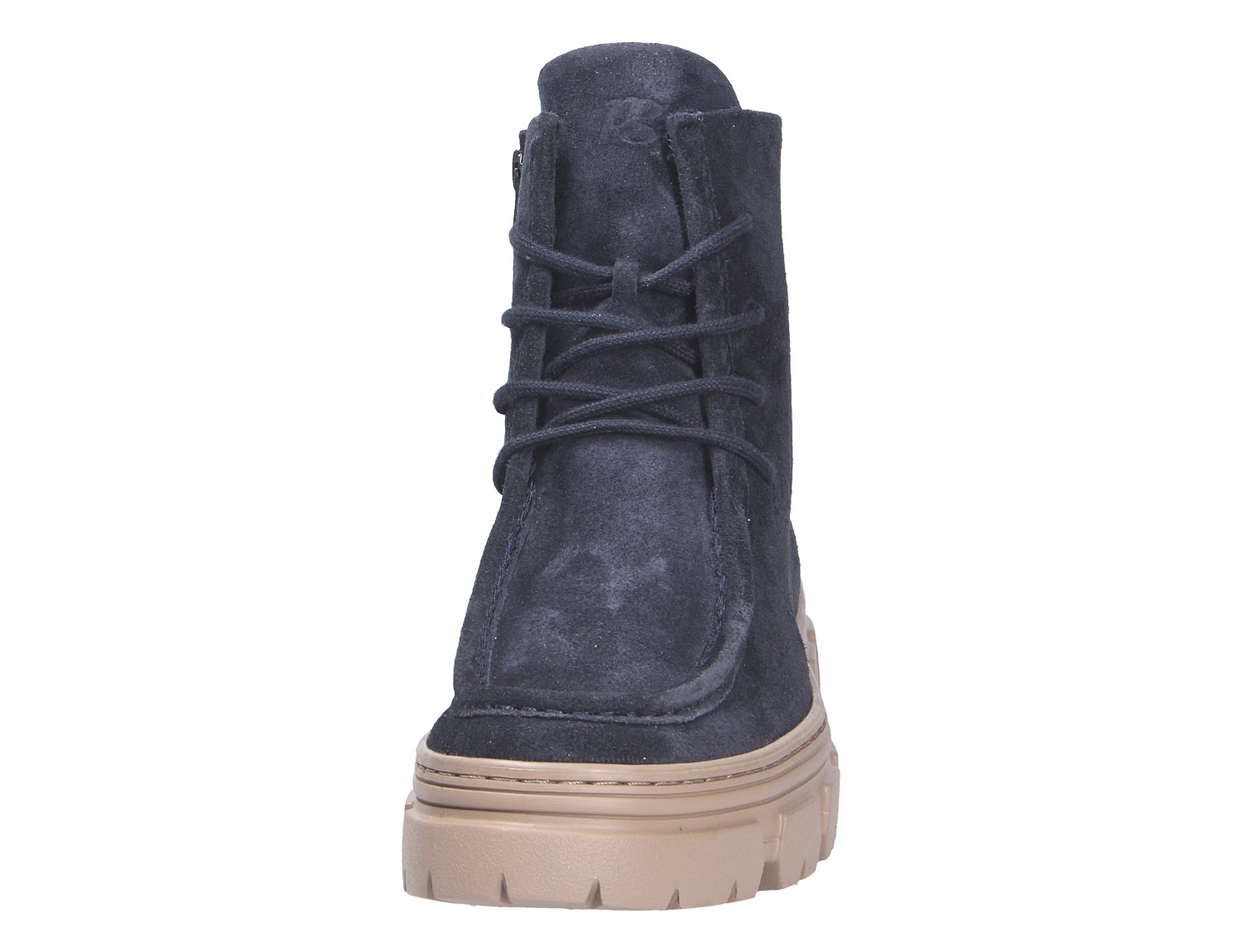 Frontansicht der Paul Green Damen Schnürschuhe in Dunkelblau aus Veloursleder mit Schnürung und heller Profilsohle