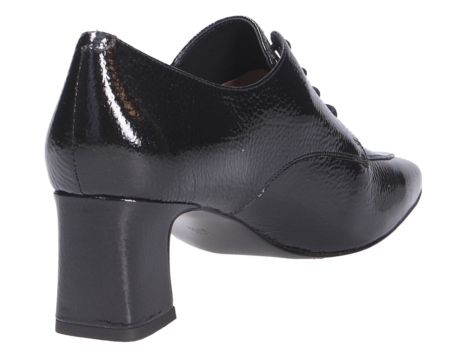 Rückansicht der schwarzen Peter Kaiser Damen Schnürschuhe aus glänzendem Lackleder mit Schnürung und elegantem Blockabsatz