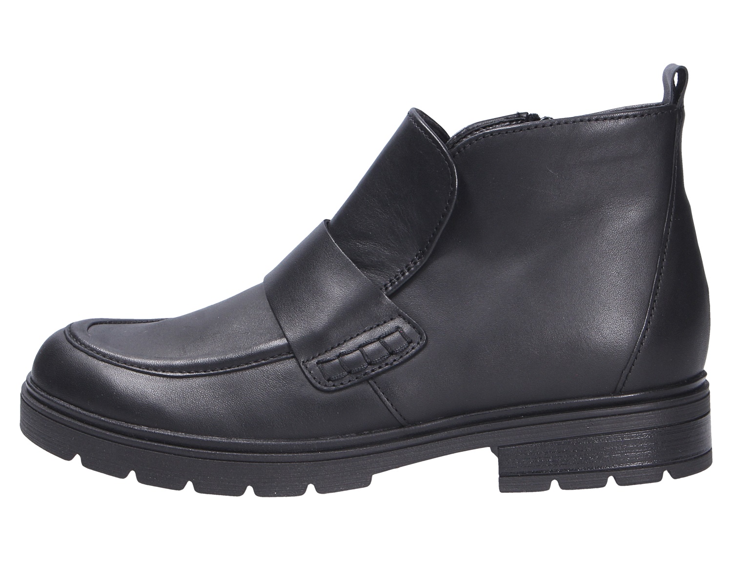 Gabor Damen Stiefel in Schwarz aus Glattleder, seitliche Ansicht, knöchelhoch mit breitem Riemen und robuster Profilsohle