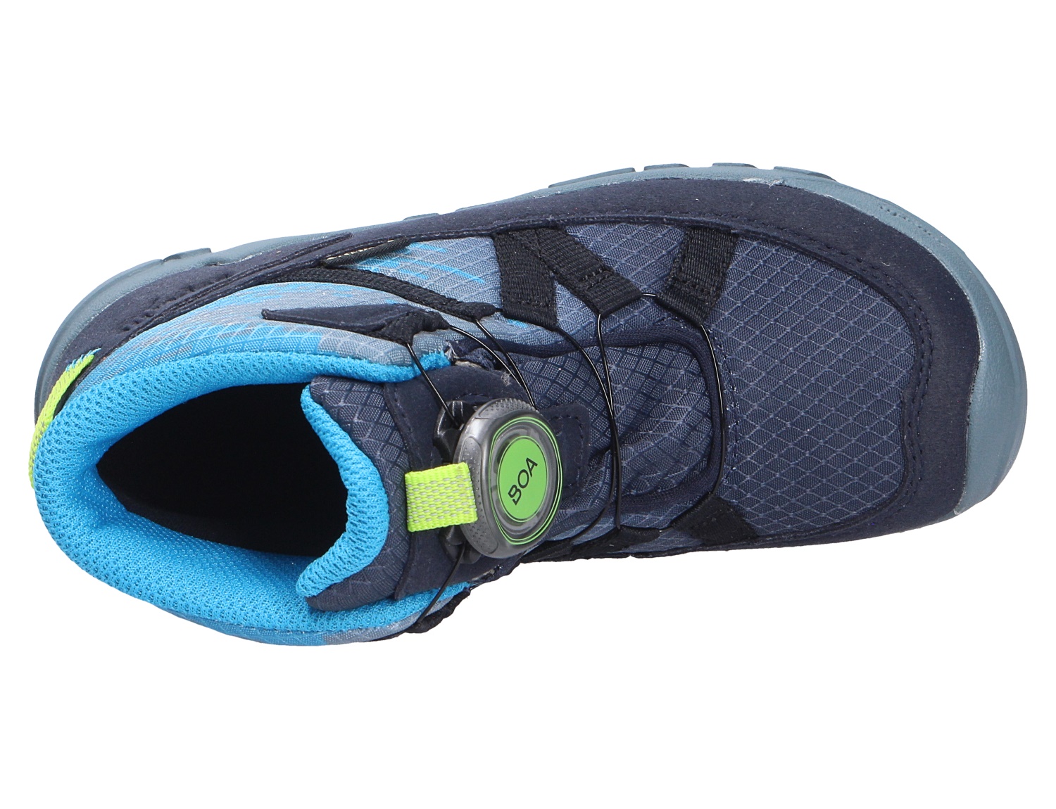 Draufsicht auf den Superfit TRACE Kinderschuh in Dunkelblau und Hellblau mit BOA-Verschluss und robuster Sohle