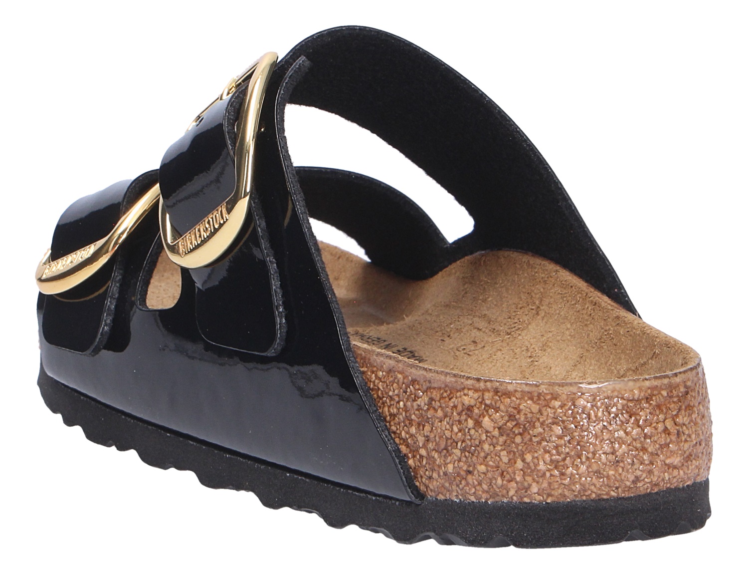 Birkenstock Arizona Big Buckle Sandale aus schwarzem Lackleder mit zwei goldfarbenen Schnallen und Kork-Latex-Sohle