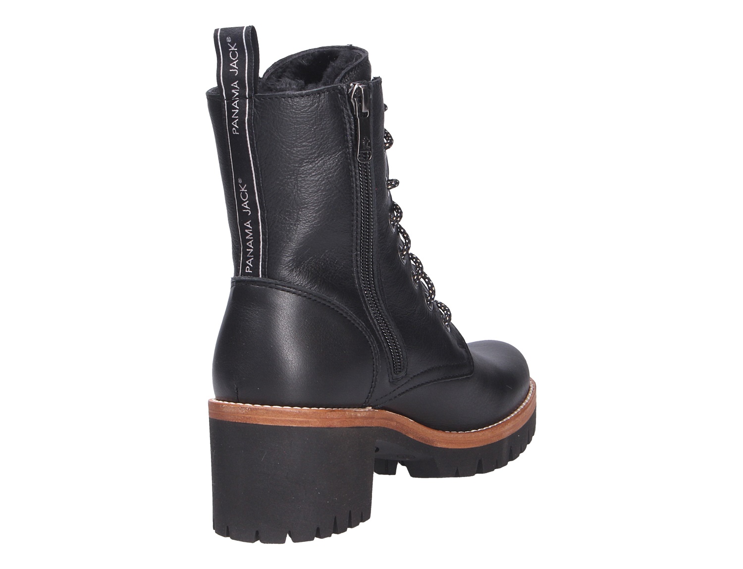 Panama Jack Padma schwarzer Damen-Stiefel aus Leder, seitliche Rückansicht mit Schnürung, Reißverschluss und Profilsohle