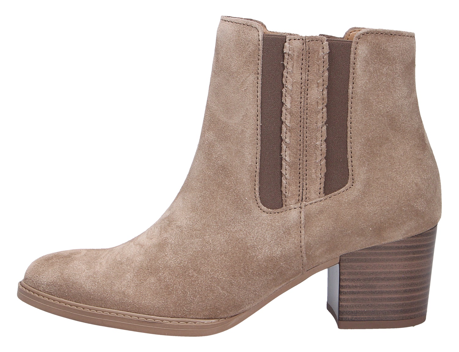 Gabor Damen Stiefel in Taupe aus Veloursleder, knöchelhoch mit seitlichem Stretcheinsatz und Blockabsatz