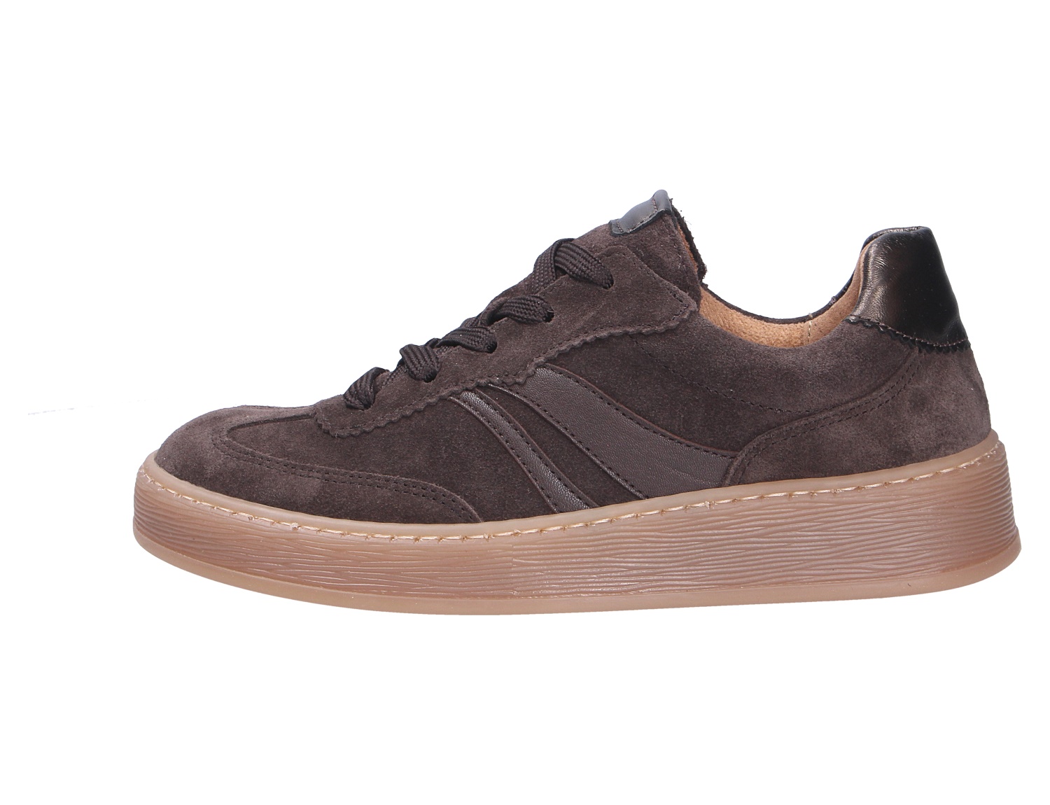 Gabor Damen Schnürschuhe in Dunkelbraun aus Veloursleder, seitliche Ansicht mit Schnürung und heller Plateausohle