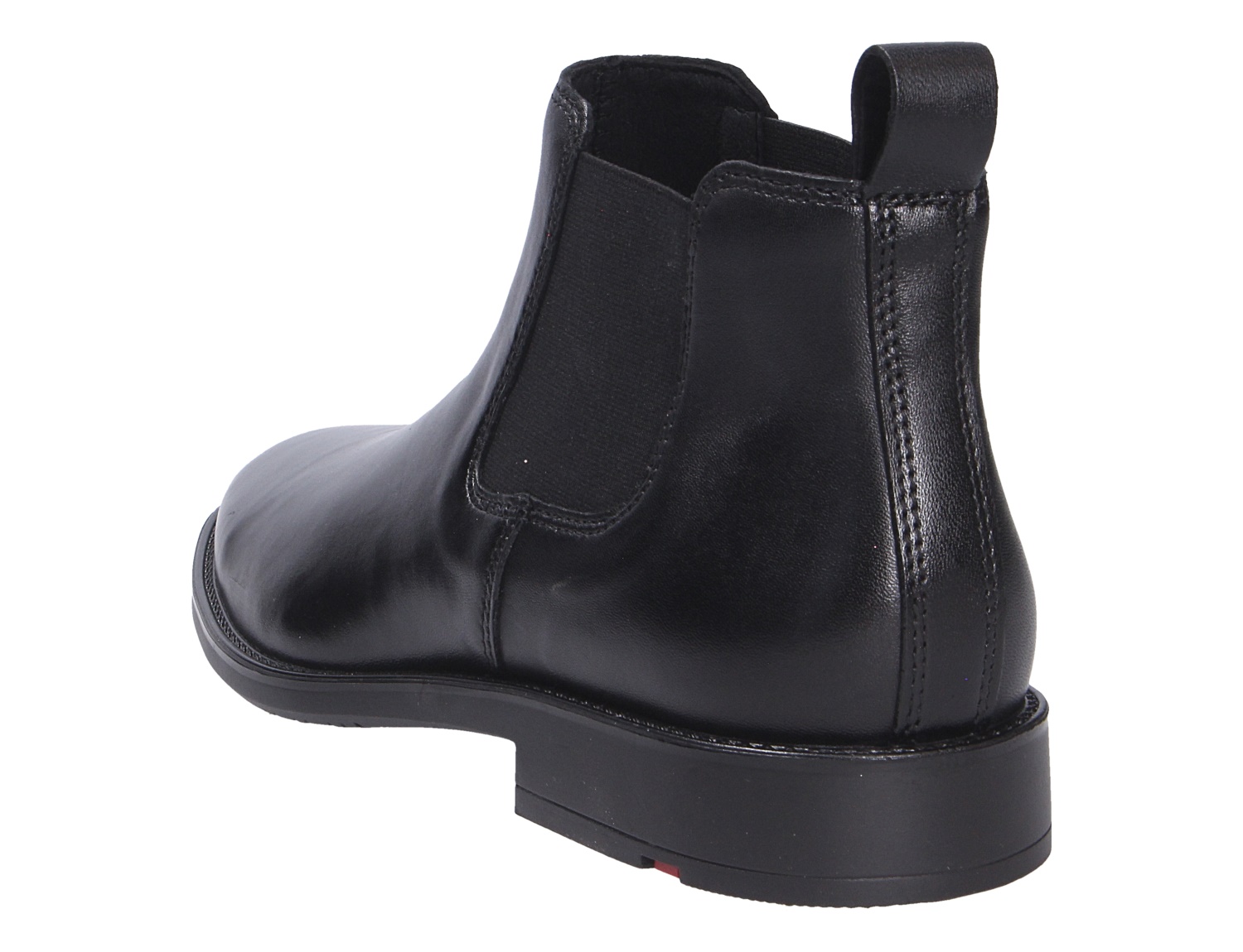 Rückansicht des schwarzen Lloyd Chelsea Boots CORE 315 aus Glattleder mit seitlichem Stretch-Einsatz und Zuglasche