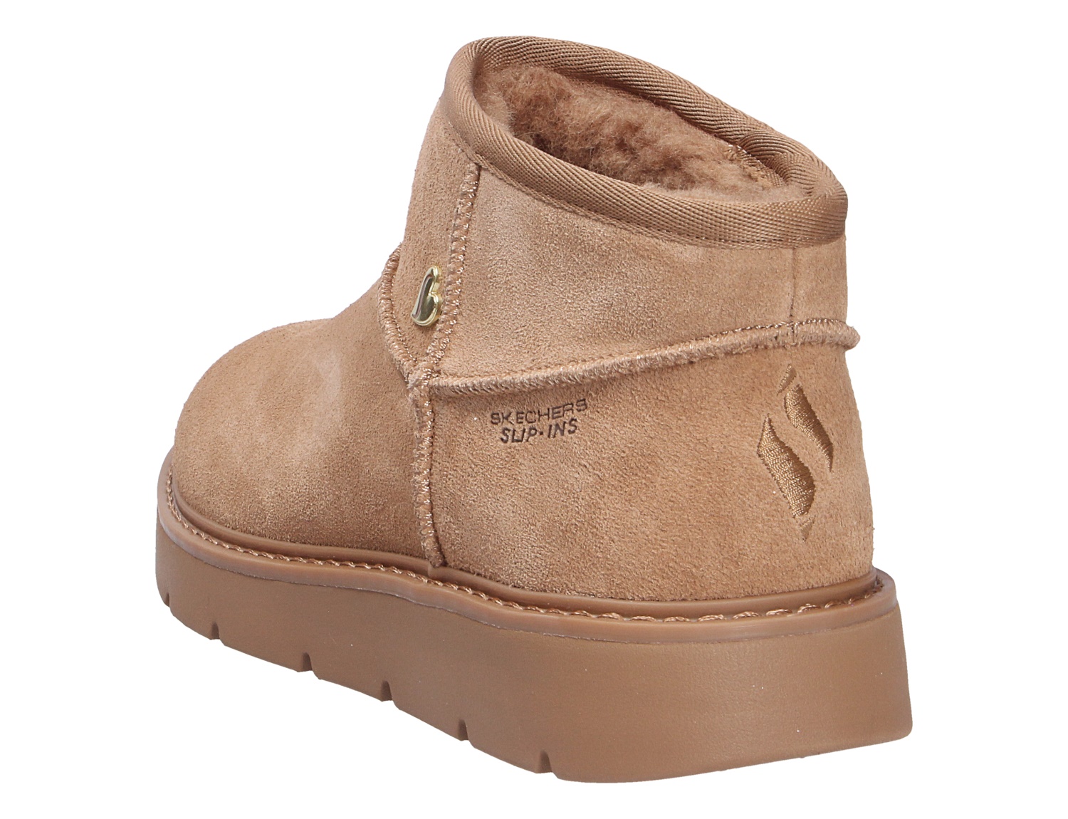 Skechers Keepsakes Cozy Damen-Bootie in Beige, seitliche Rückansicht mit weichem Innenfutter, Veloursoptik und robuster Sohle