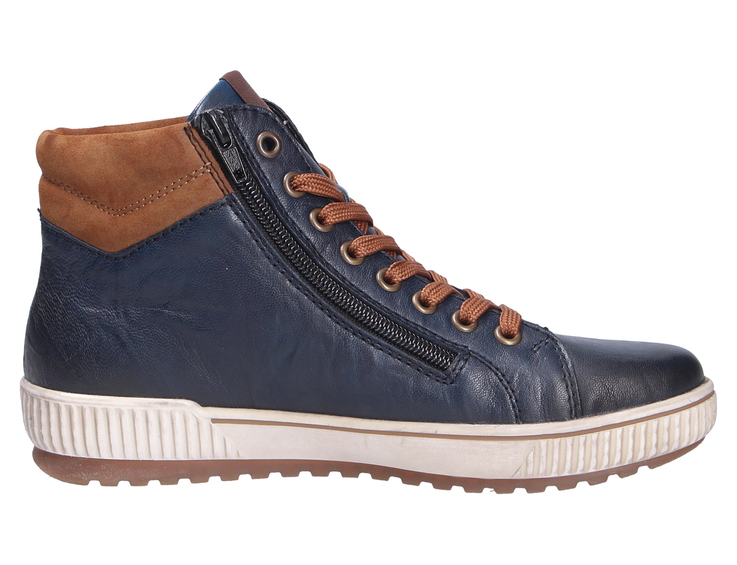 Remonte Damen Stiefel aus dunkelblauem Leder mit braunem Schaftrand, seitlichem Reißverschluss, Schnürung und heller Profilsohle