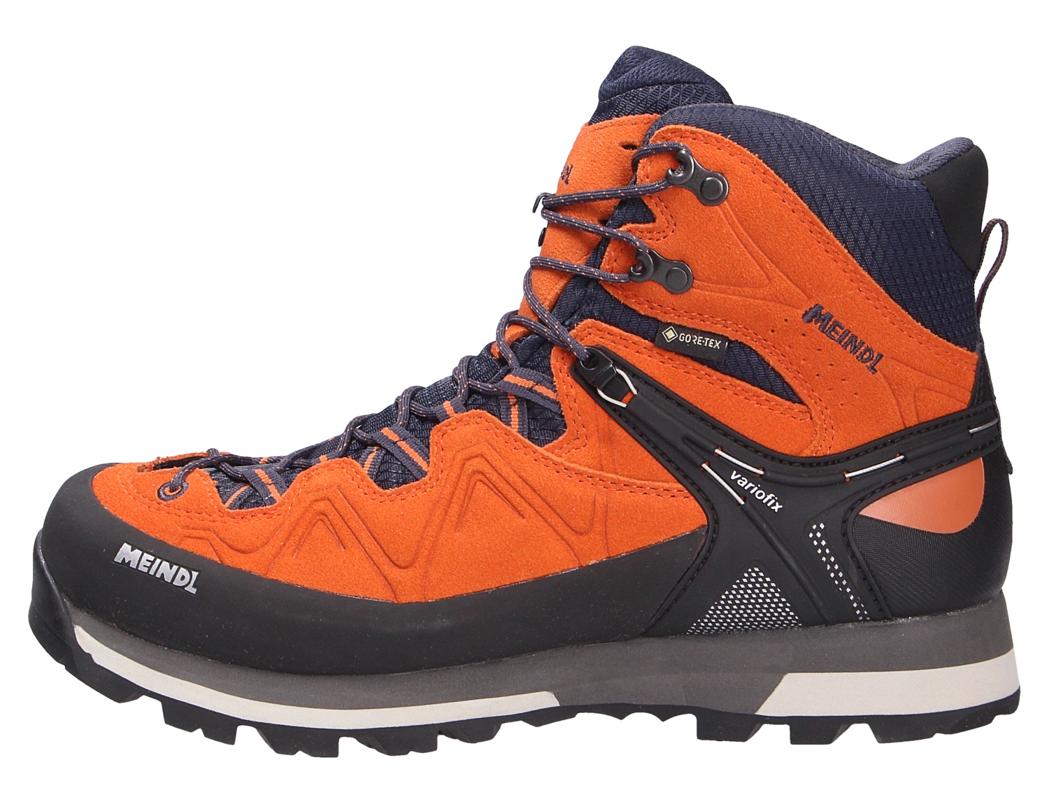 Meindl Tonale Herren-Trekkingstiefel in Orange und Schwarz, robuste Seitenansicht mit Gore-Tex und Variofix für anspruchsvolle Touren und sicheren Halt